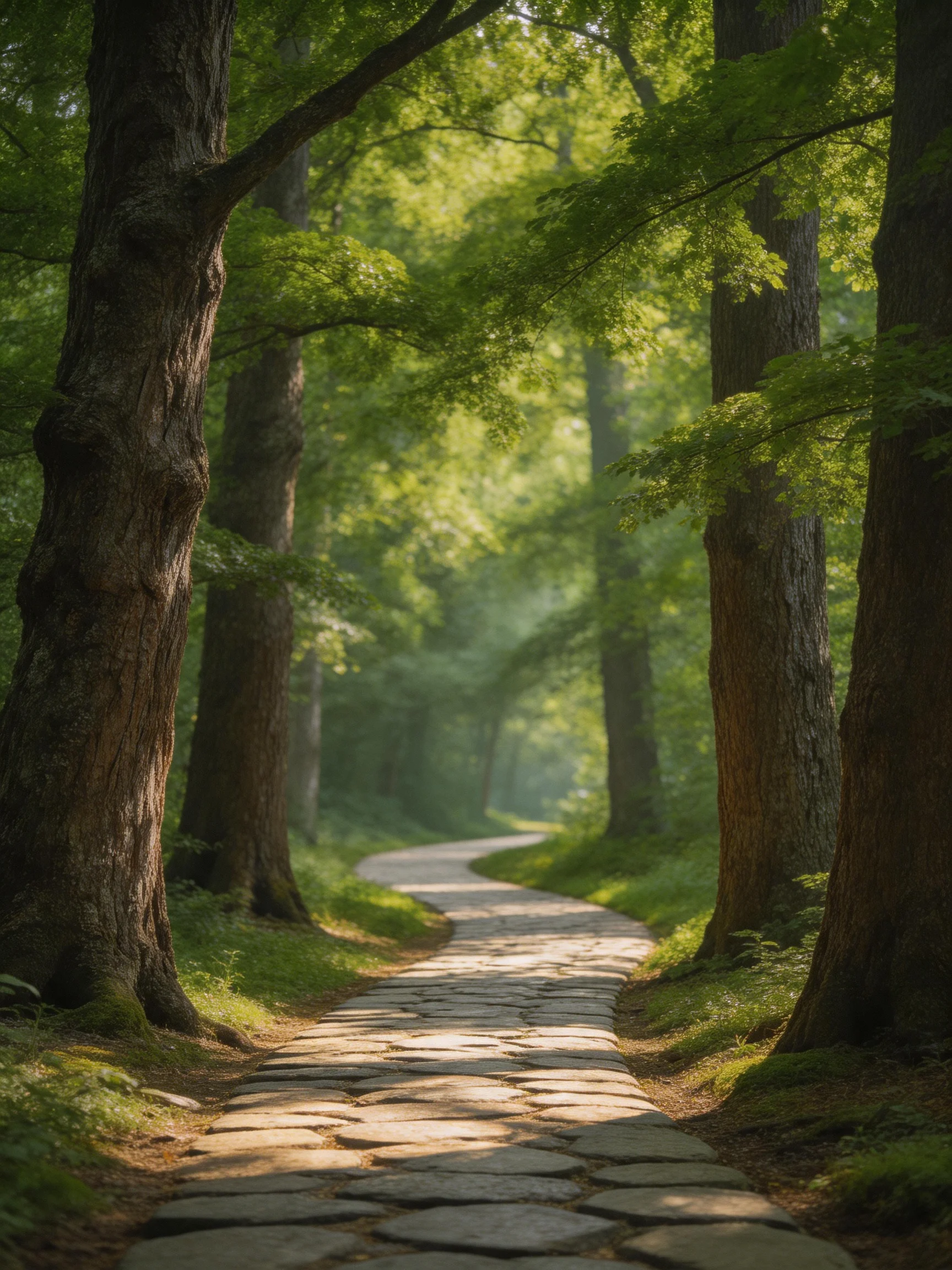 Winding stone path through tall green trees with filtered sunlight