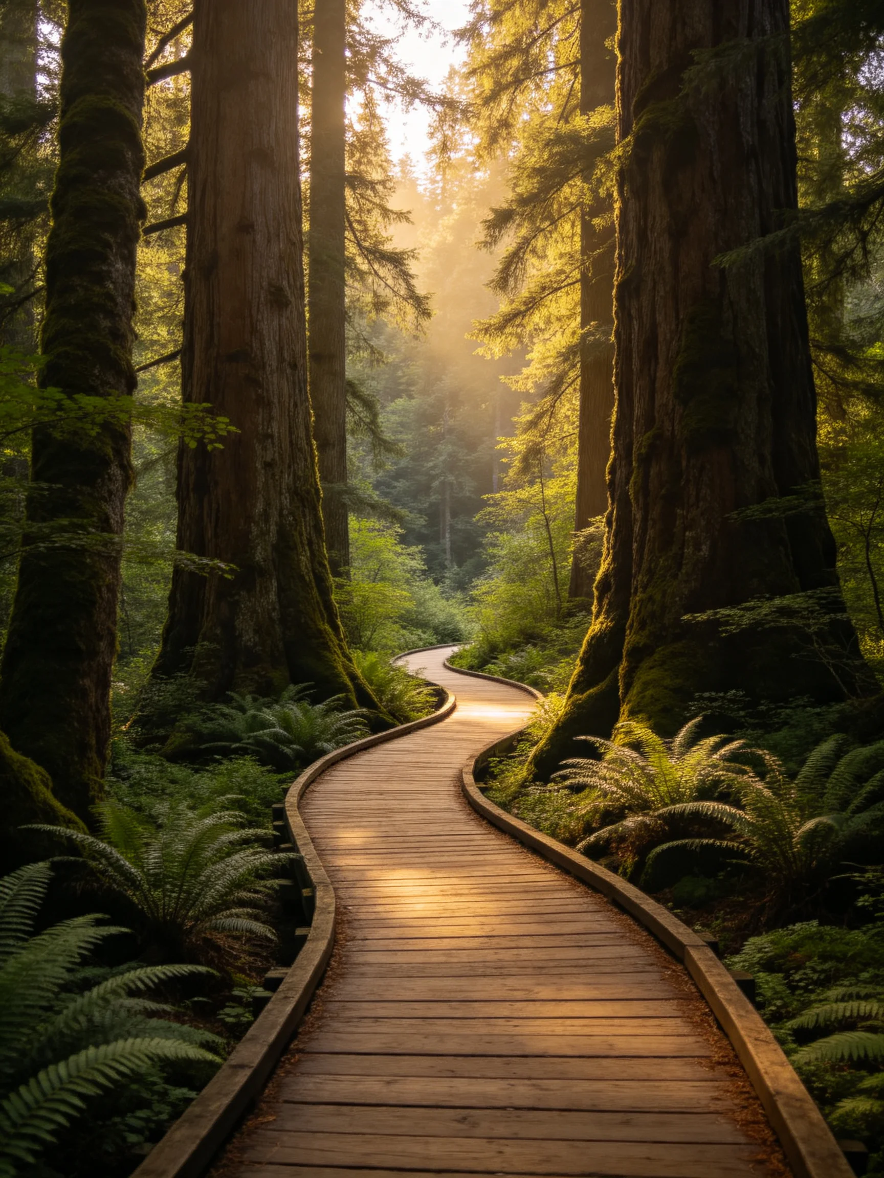 Winding wooden path through towering ancient redwood forests