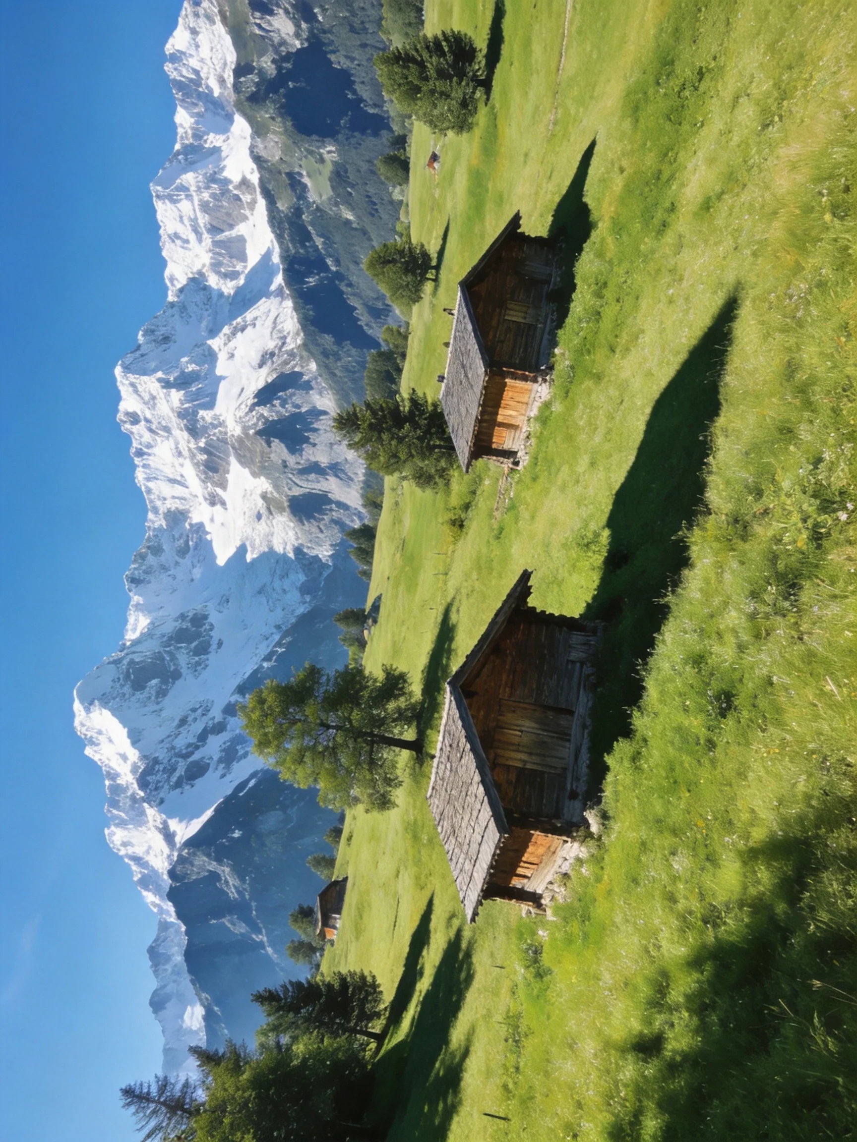 Wooden Cabins Near Lush Green Meadows With Snow-Capped Mountains
