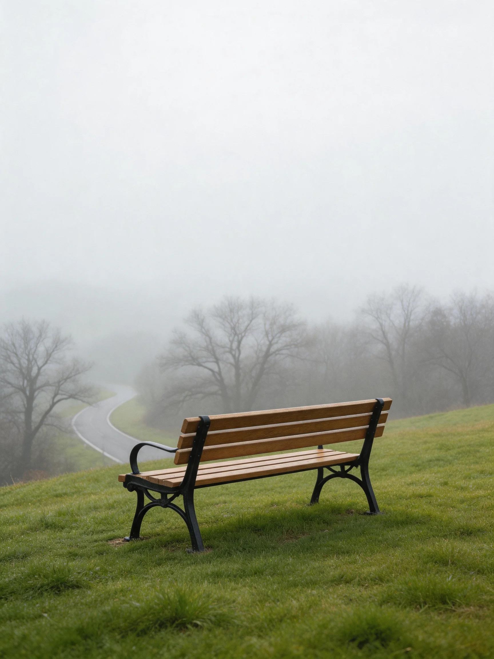 Wooden bench on a foggy hillside with a winding road