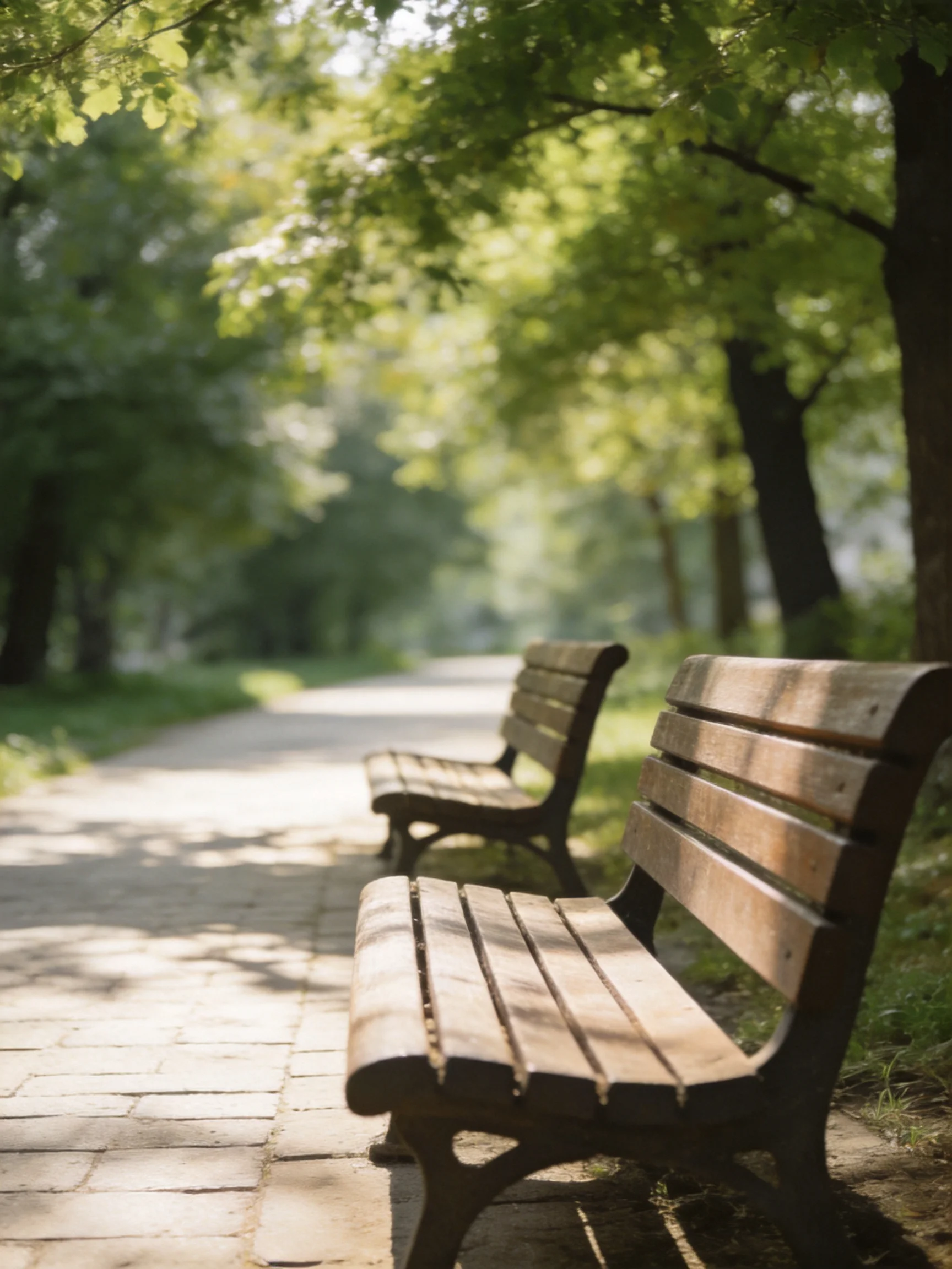 Wooden benches sit alongside a sunlit paved path in a verdant park setting
