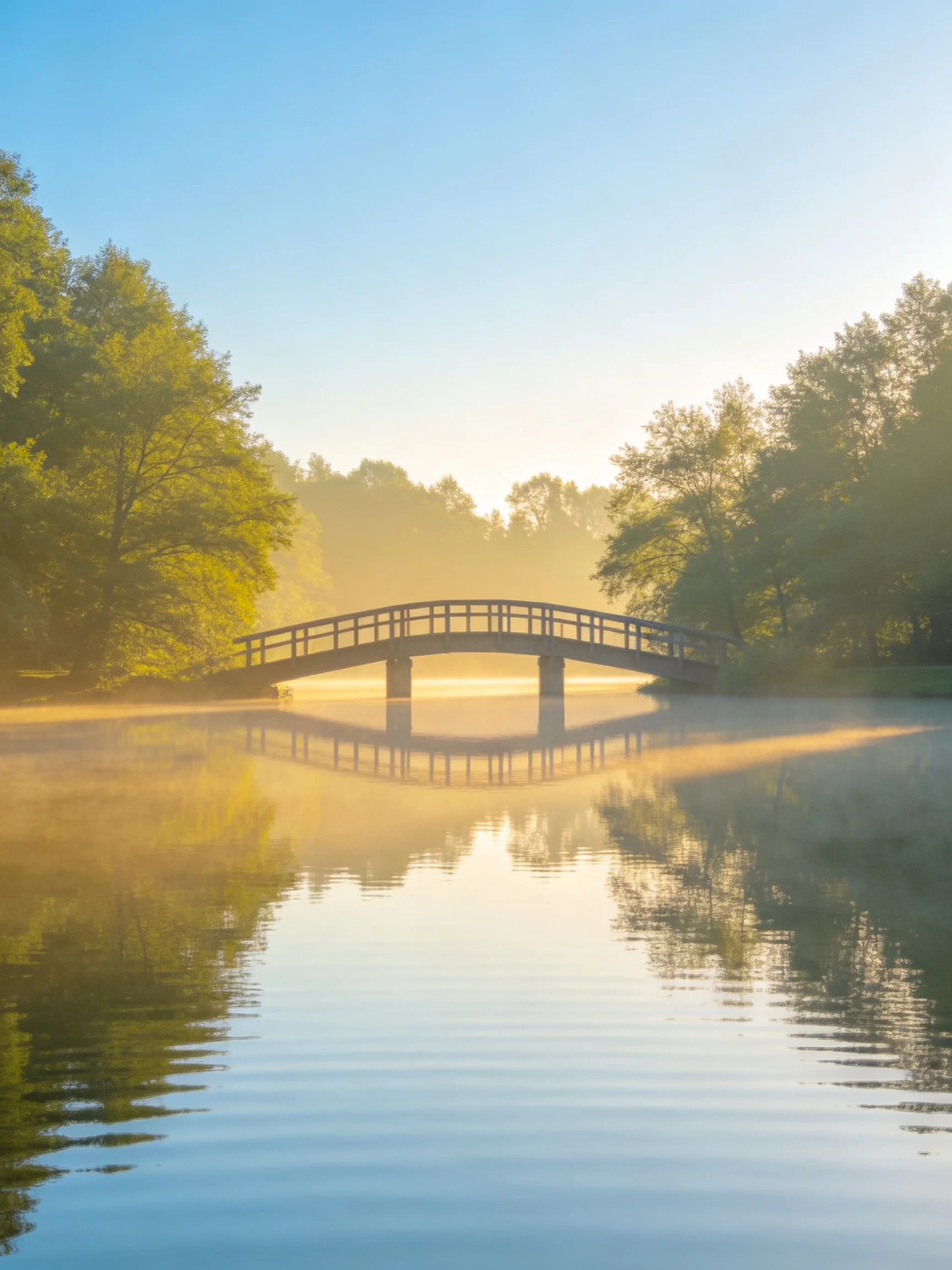 Wooden bridge spans misty water with green surroundings at dawn