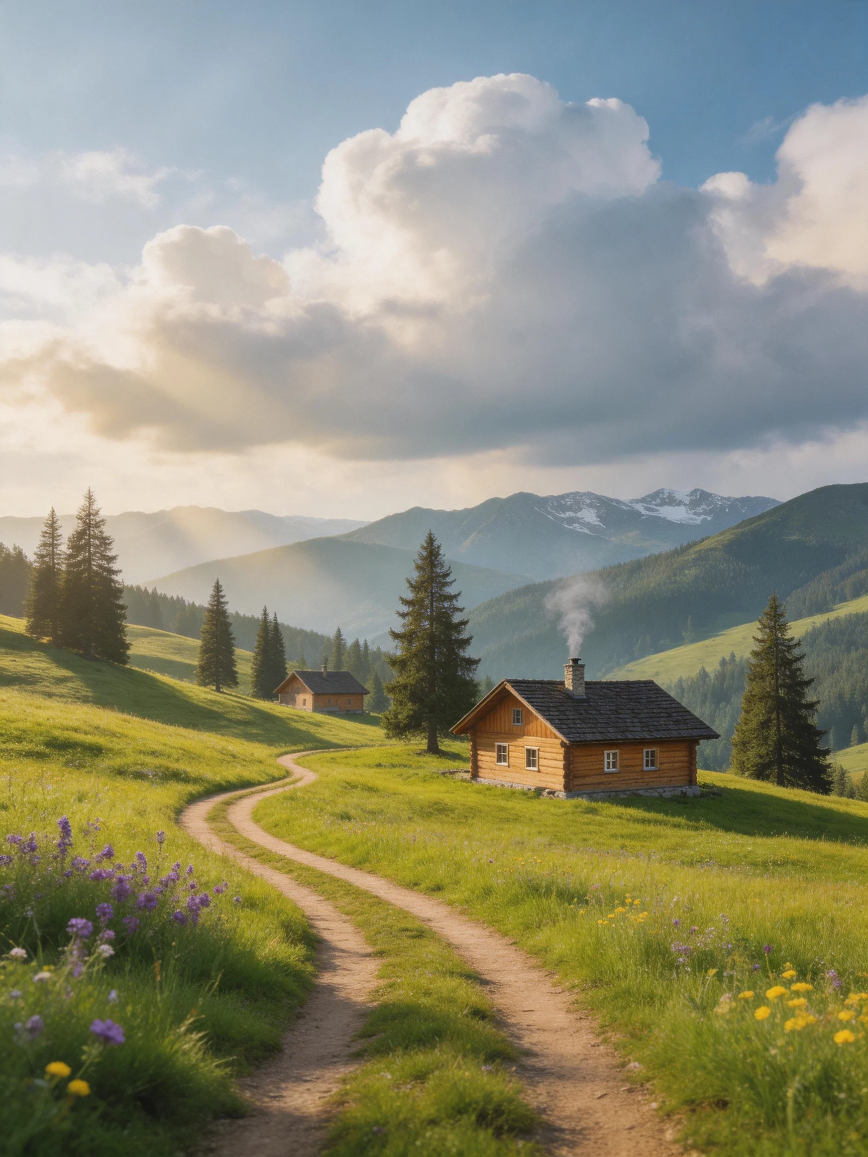 Wooden cabins in a lush green meadow with winding dirt paths