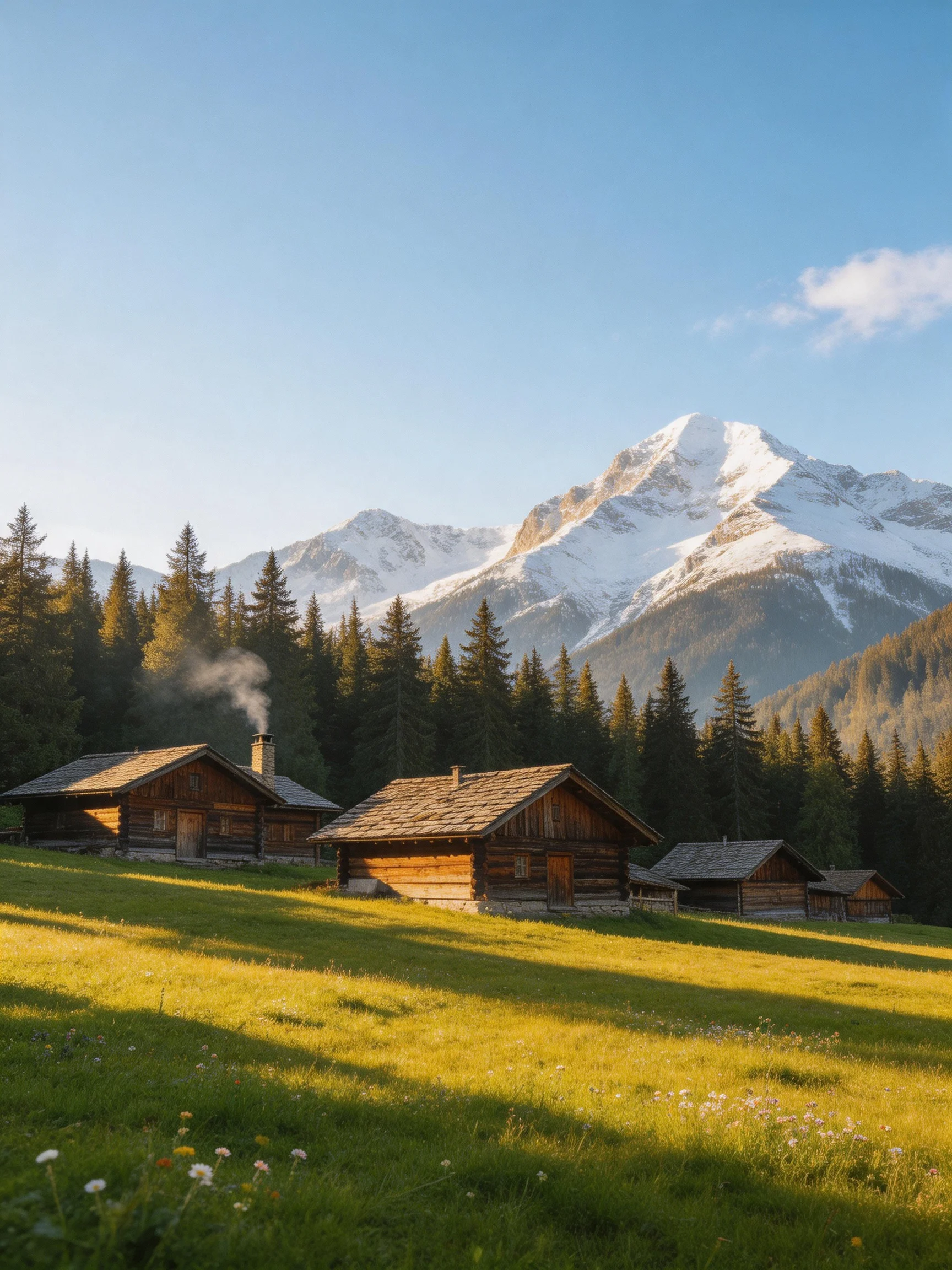 Wooden cabins near snow-capped mountains over green meadow