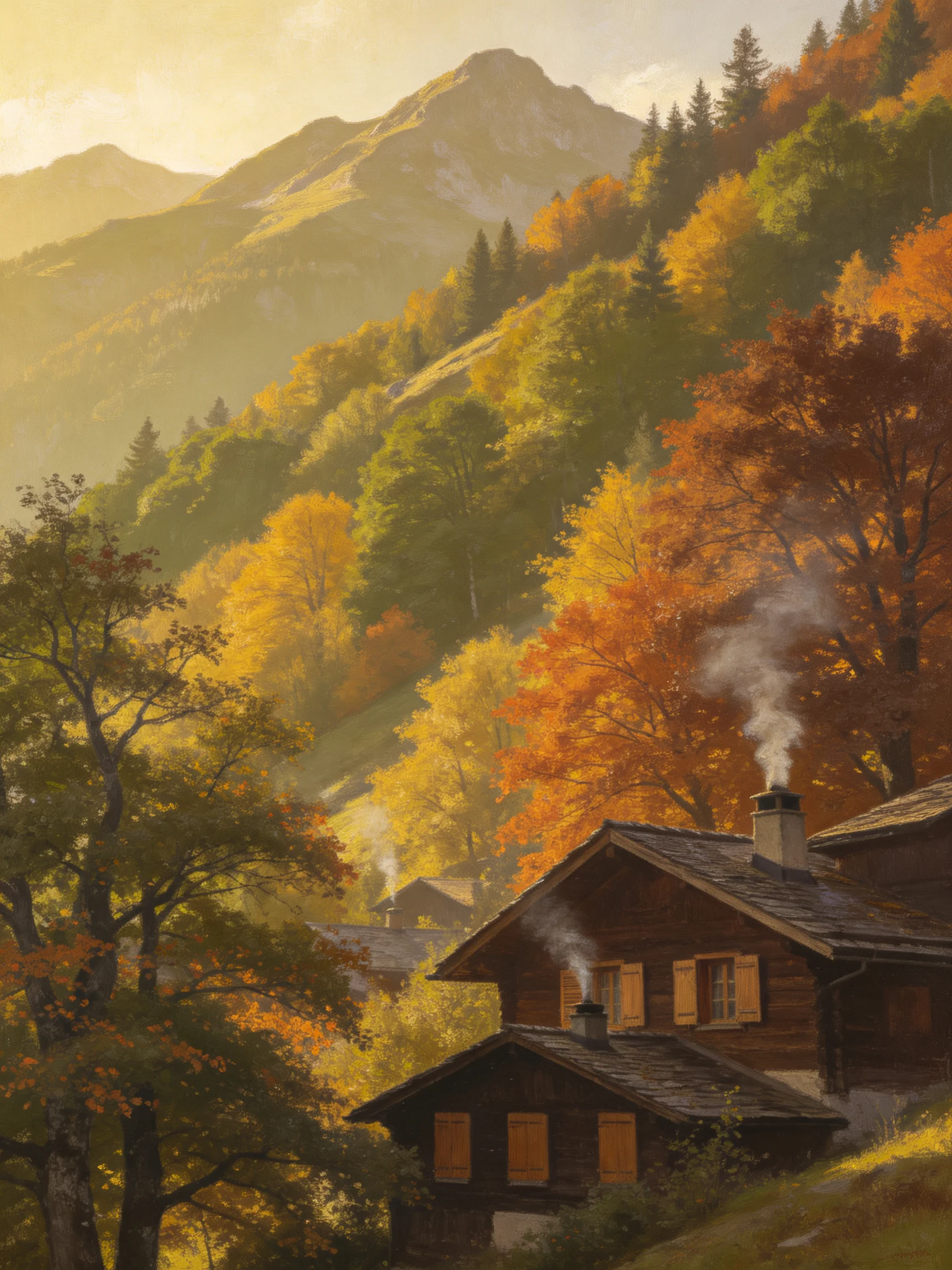 Wooden cabins nestled among vibrant fall foliage near misty mountain peaks