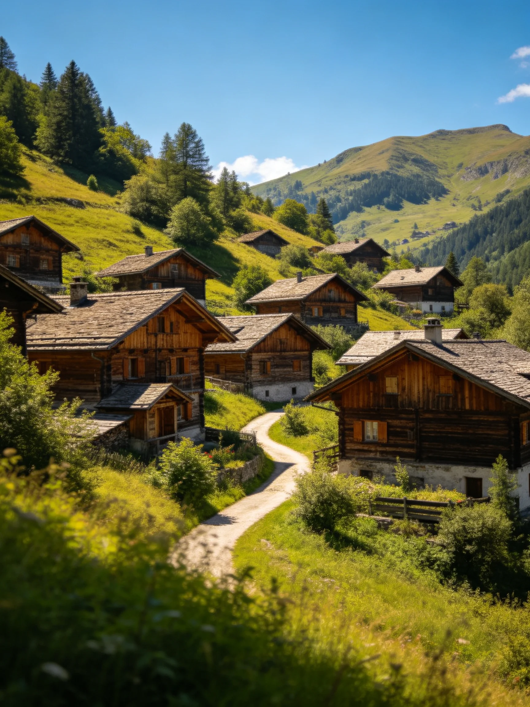 Wooden cottages scattered among lush green hills with winding paths