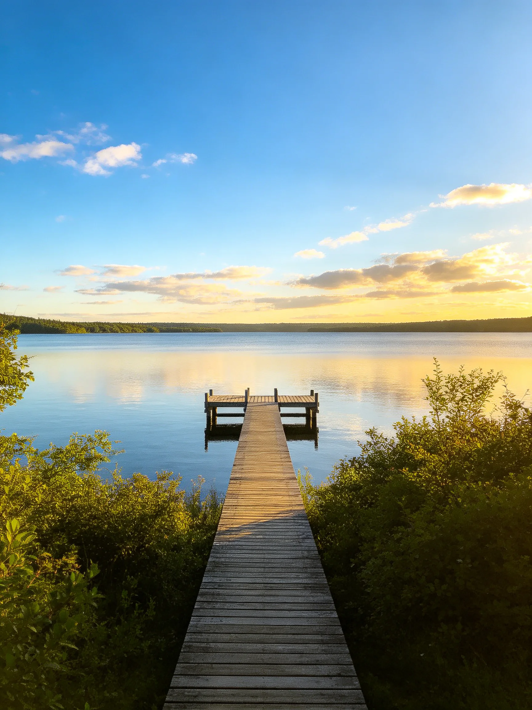 Wooden dock extends over tranquil lake with golden-hour sky