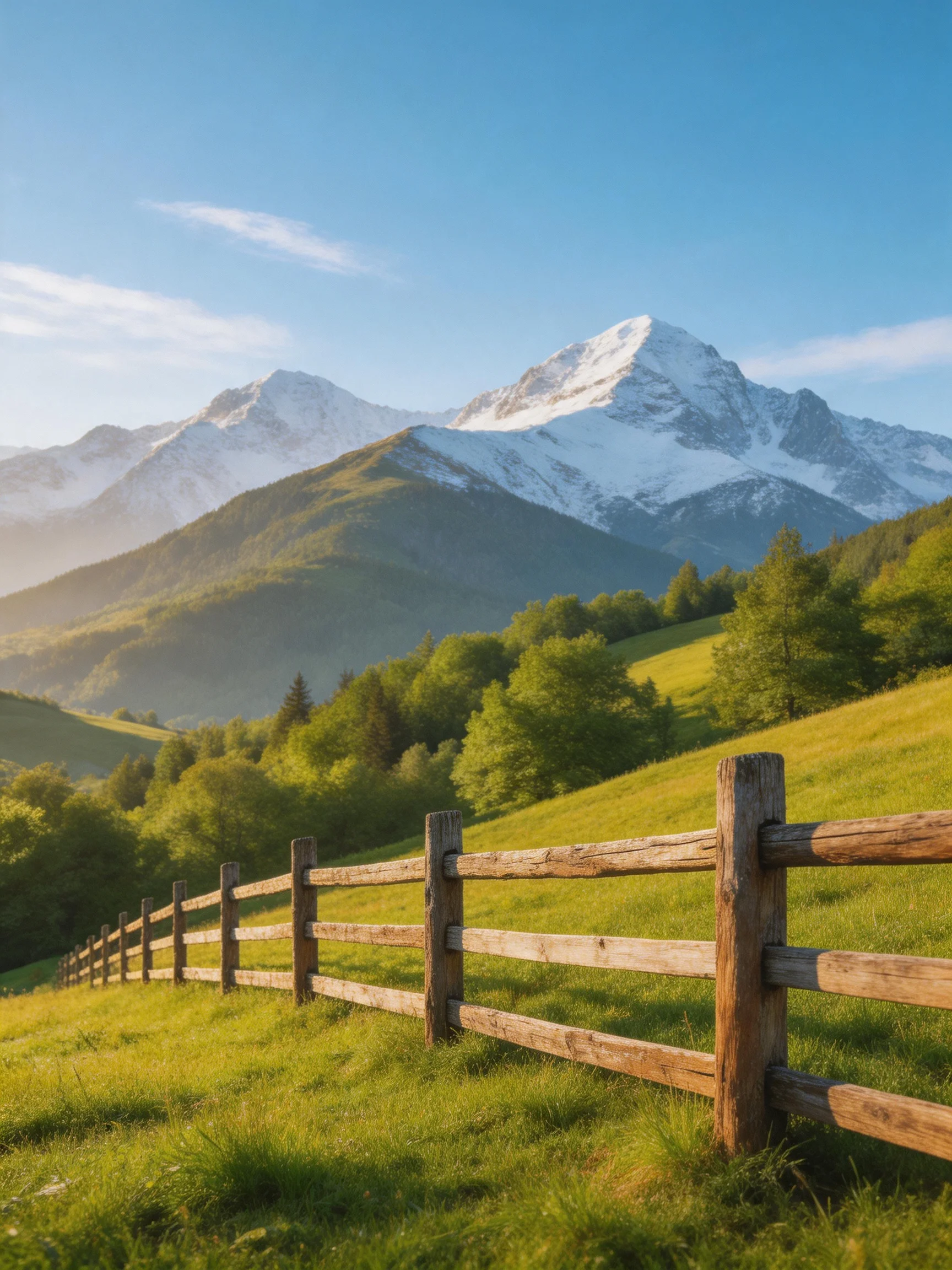 Wooden fence borders lush green meadow near snow - capped mountains