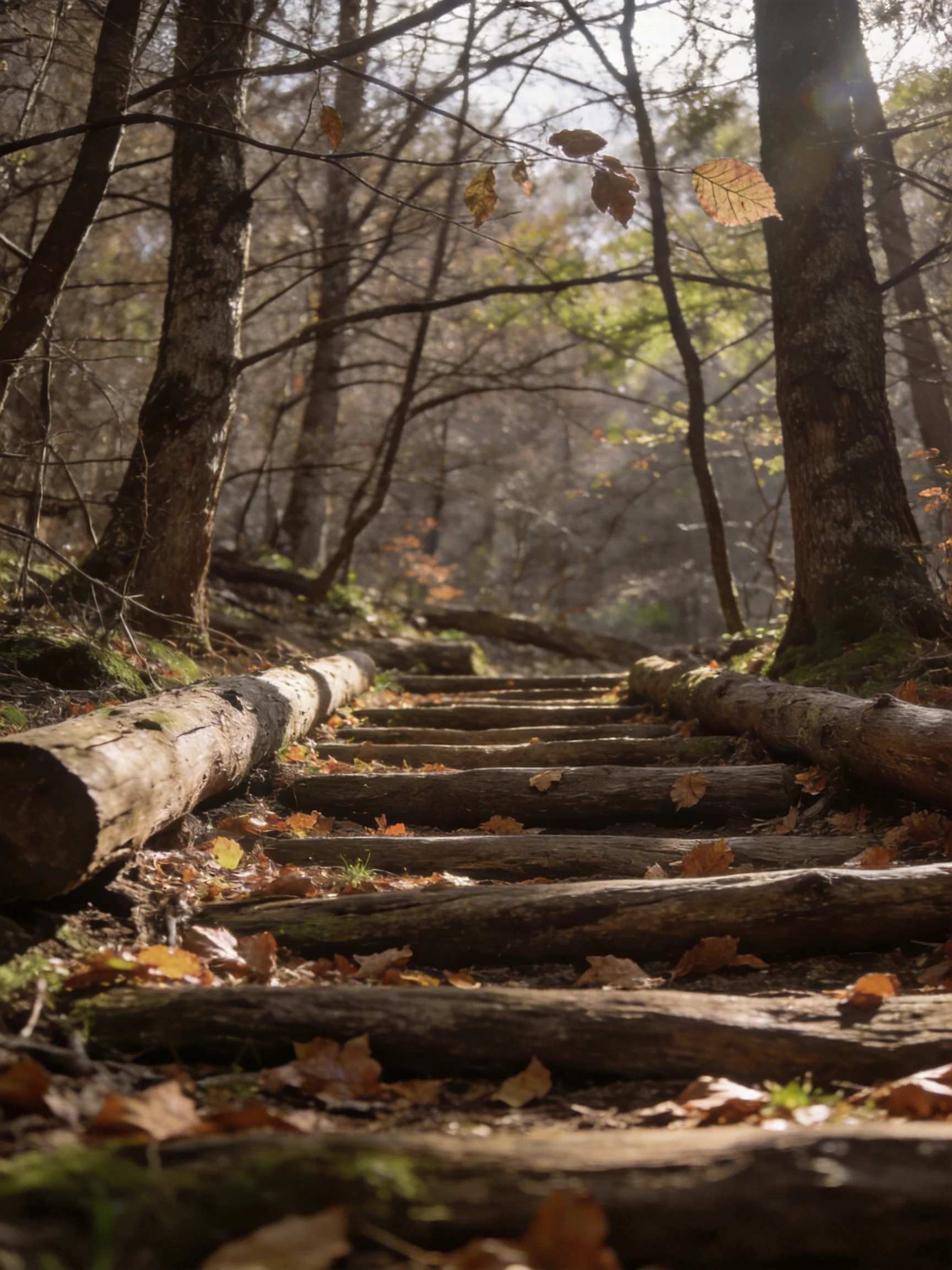 Wooden log staircase winding through sunlit autumn forest