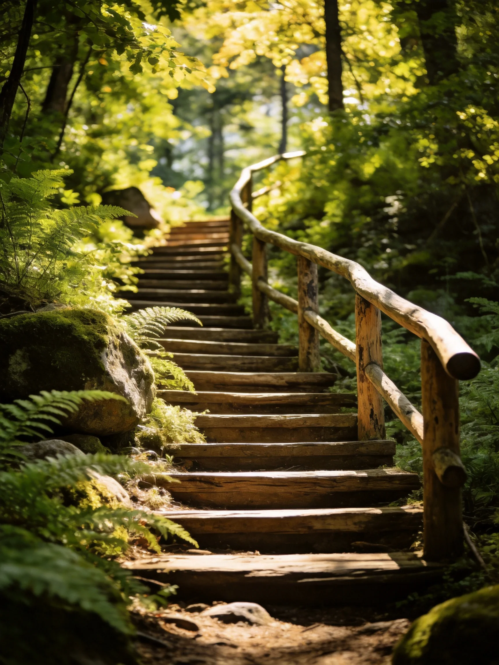 Wooden stairs winding through lush green forest with golden sunlight