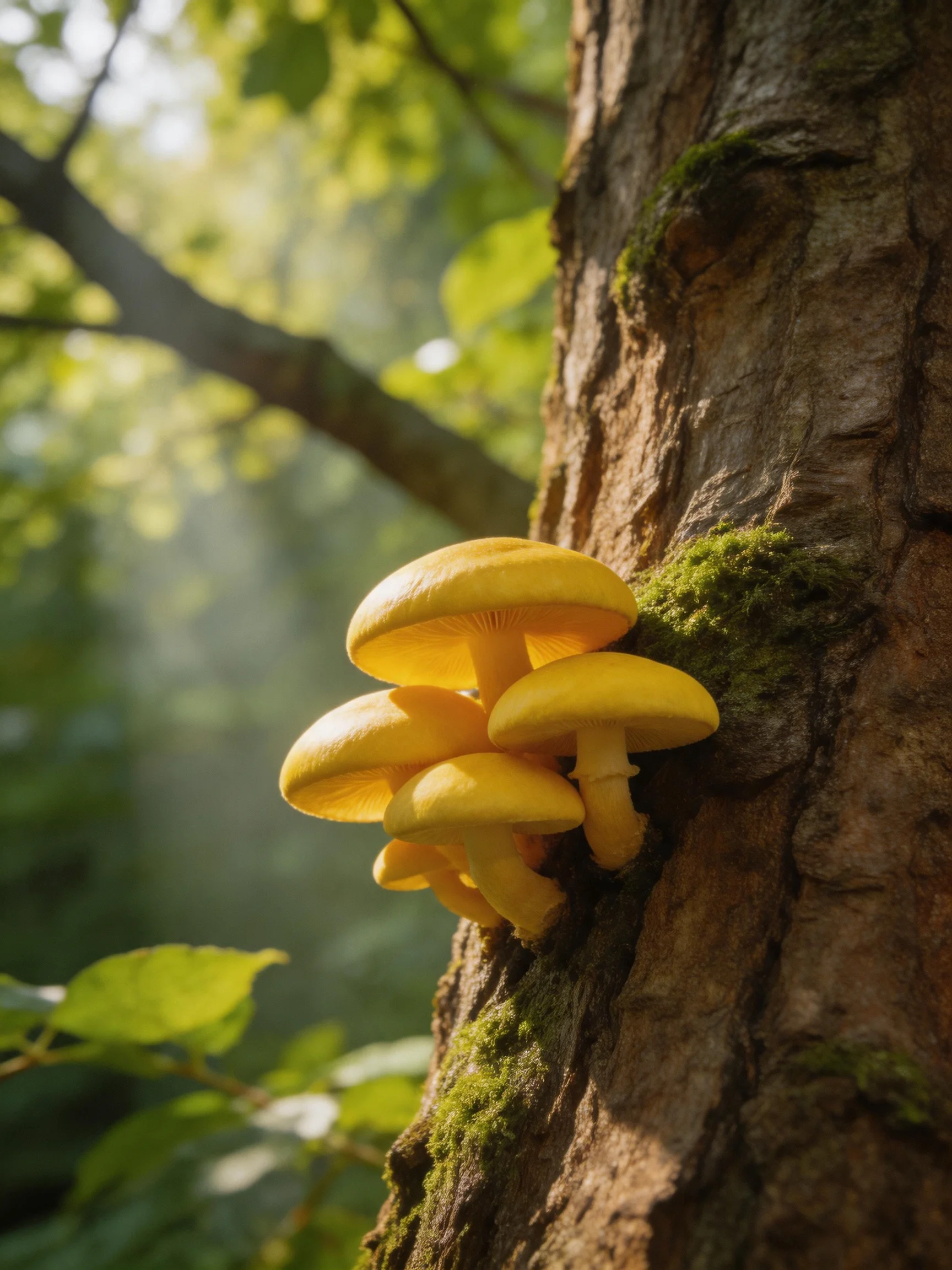 Yellow mushrooms cluster on a moss-covered tree trunk in a sunlit forest