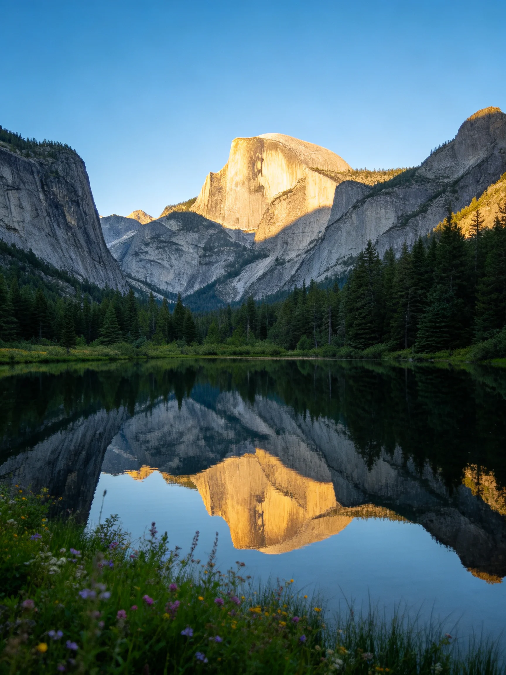 Yosemites Half-Dome Reflected in Valley Lake with Forests