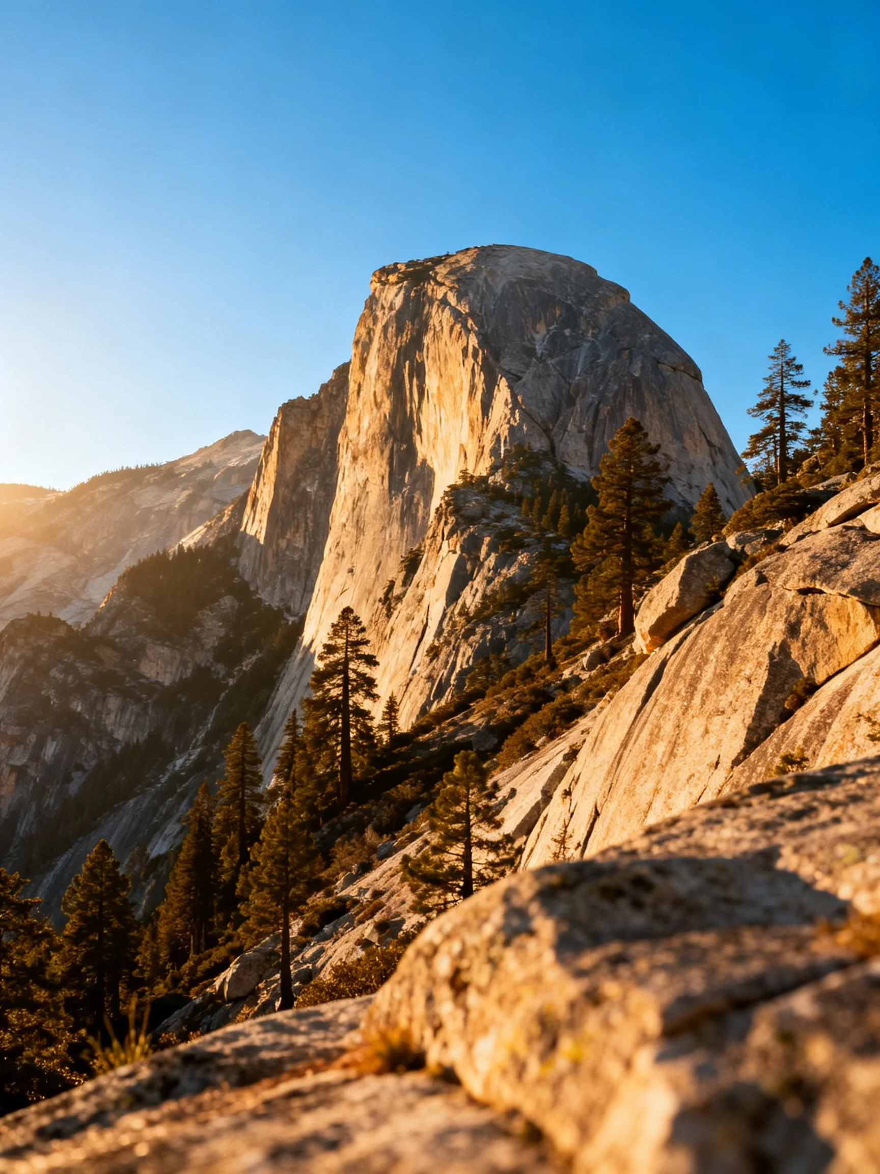 Yosemites Half Dome illuminated by golden sunset light