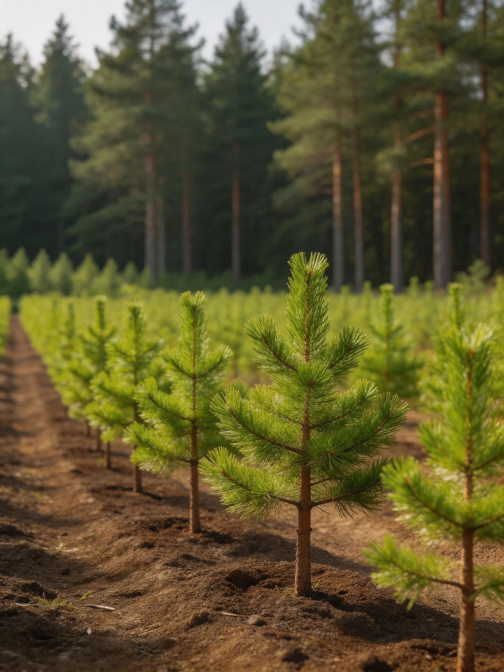 Young pine saplings in orderly rows beside a dense forest