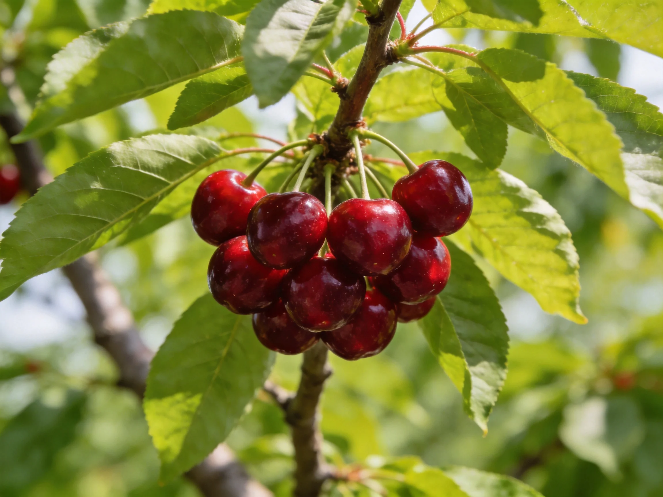 A Cluster of Glossy Red Cherries Grows Among Lush Green Leaves