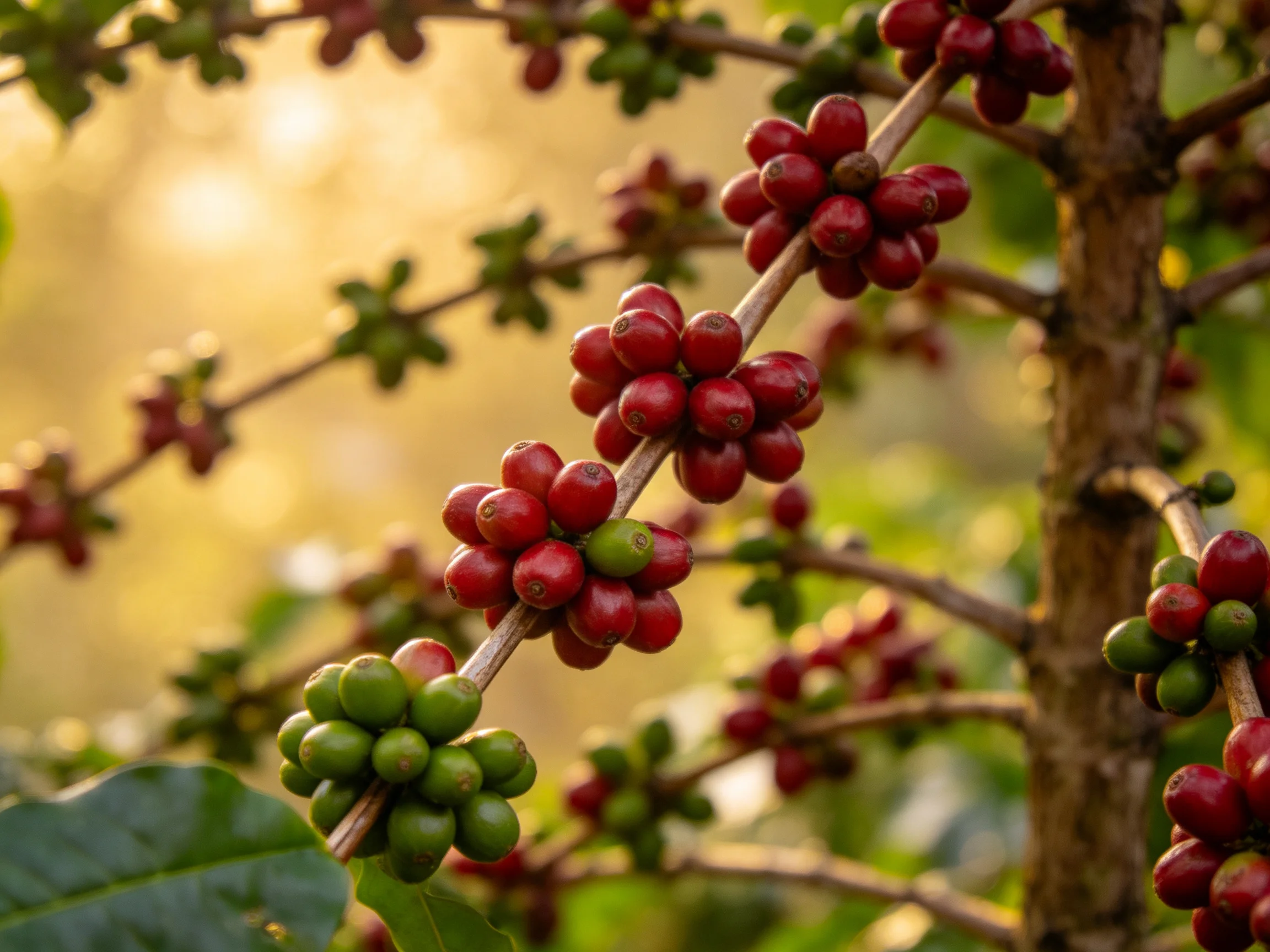 A Coffee Plant With Red and Green Cherry Clusters Under Warm Light