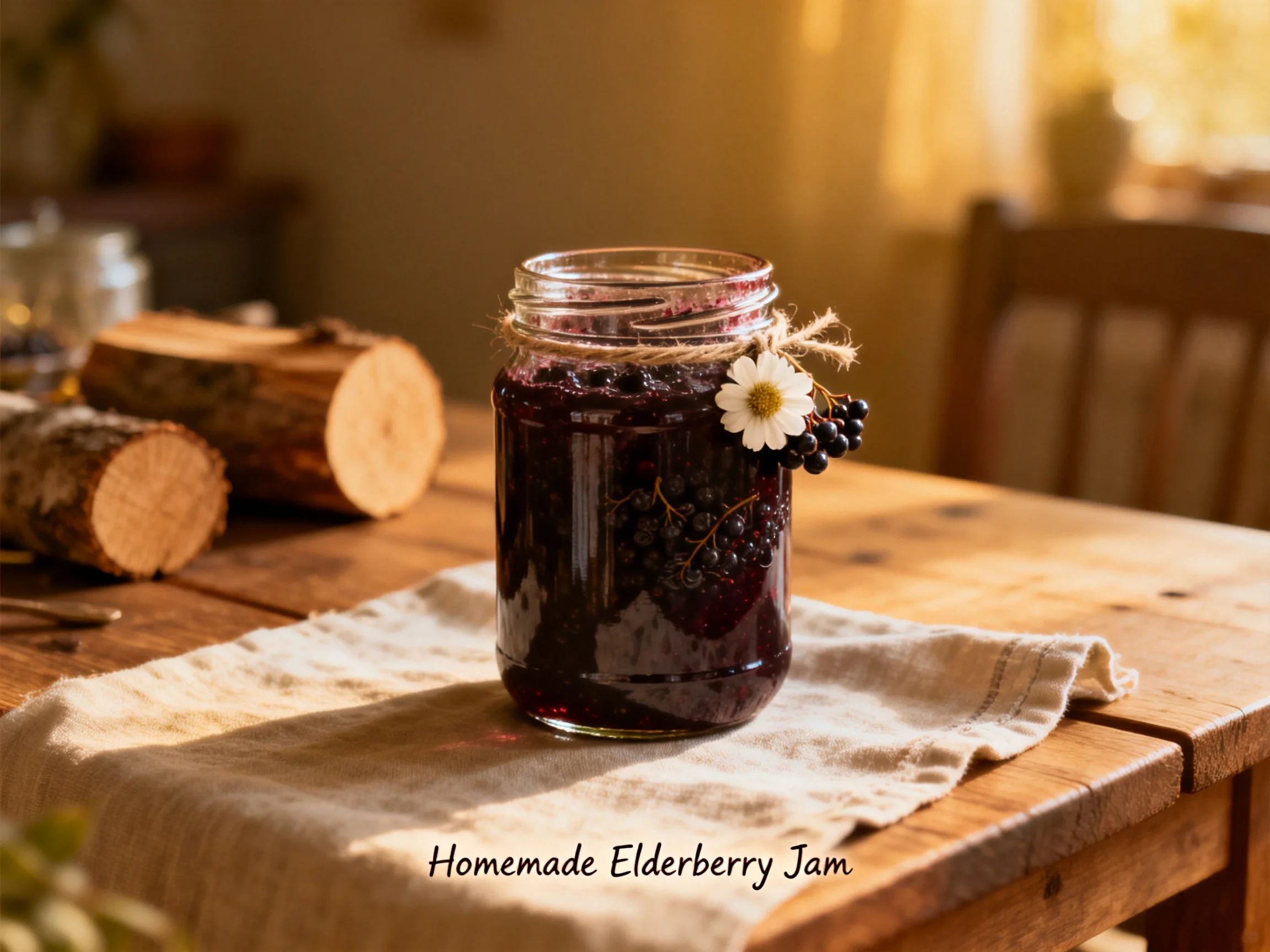 A Mason Jar of Homemade Elderberry Jam on a Wooden Table