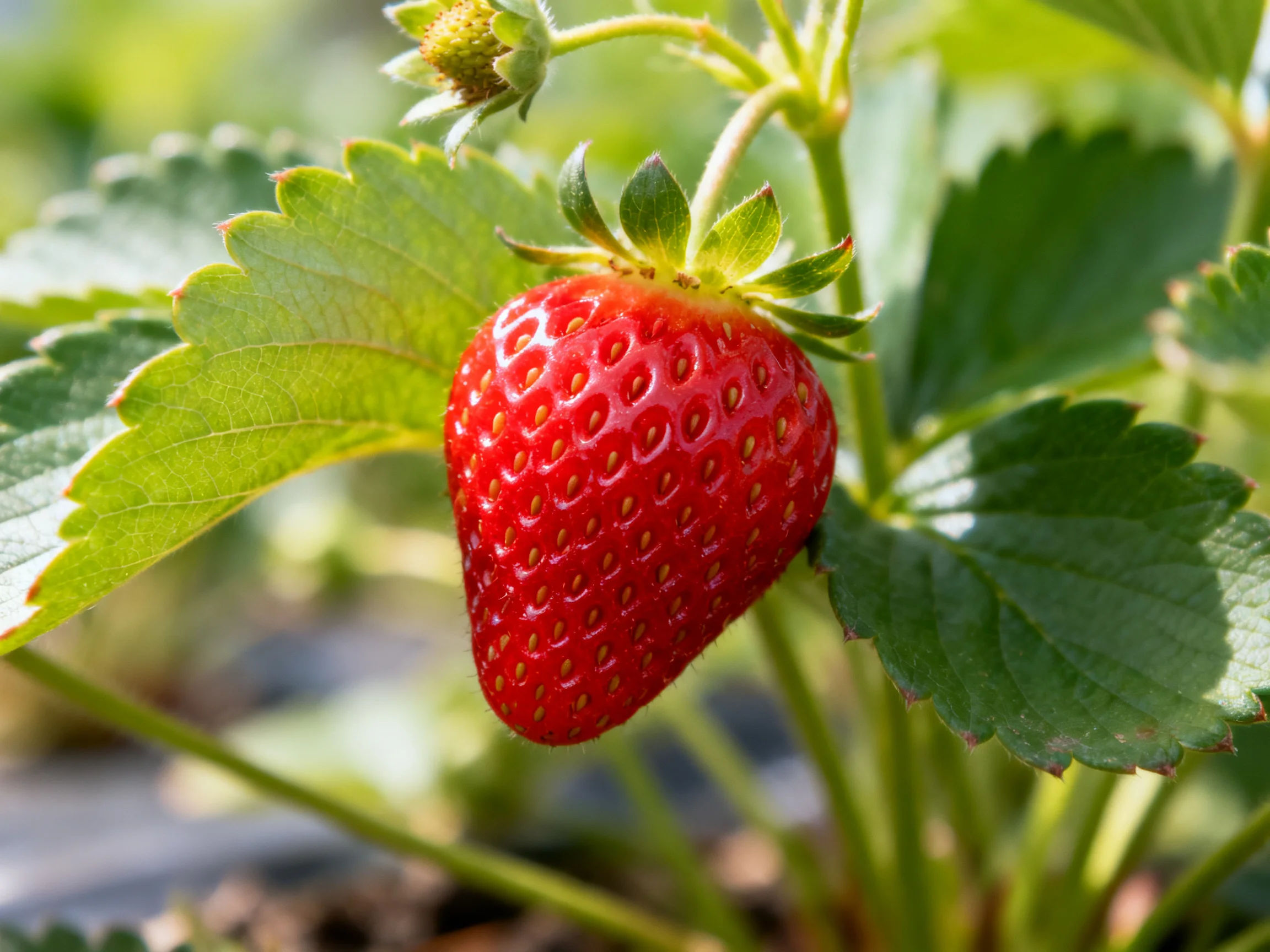 A Ripe Red Strawberry Grows Among Lush Green Foliage