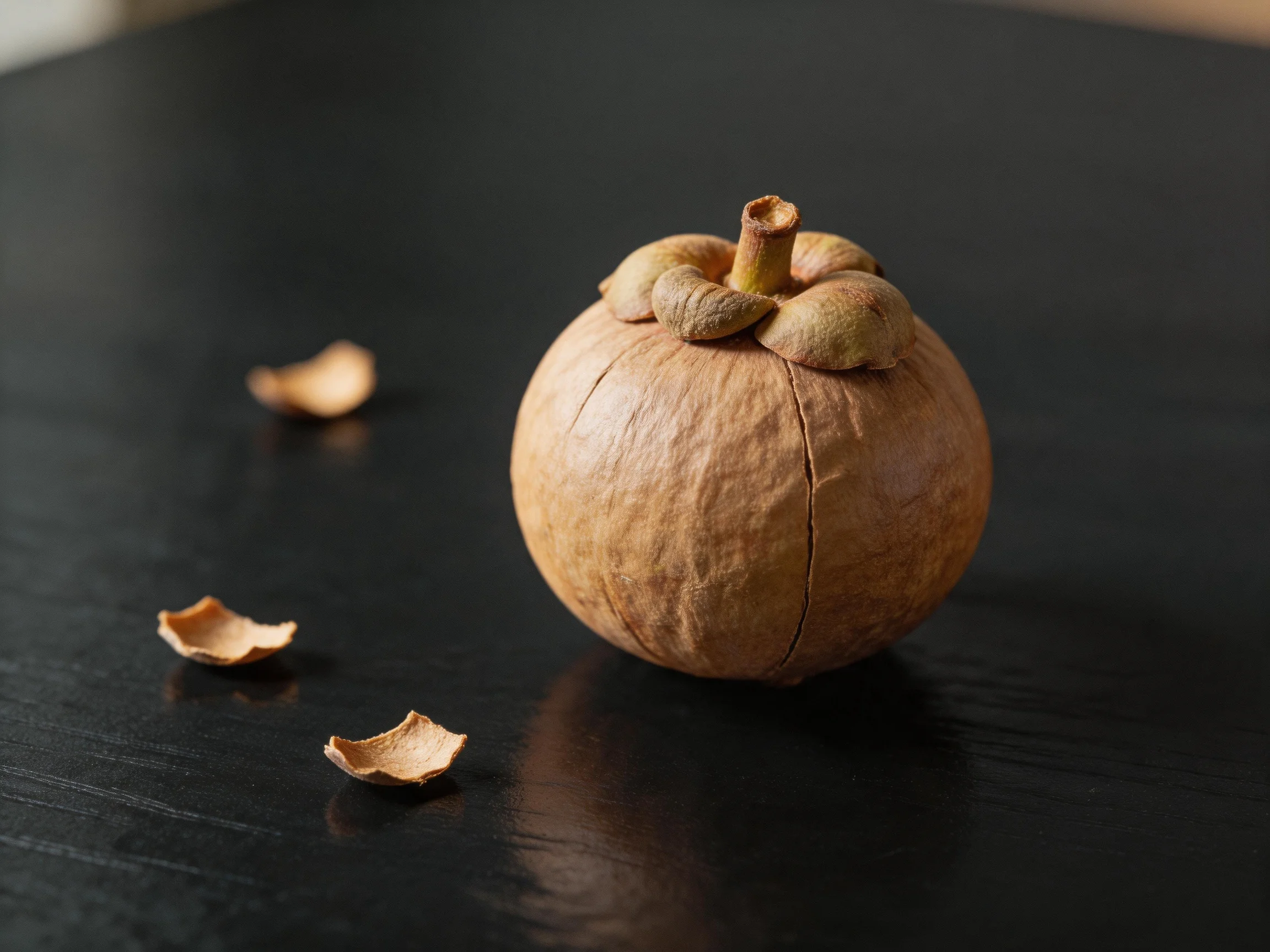 A Single Mangosteen with Peel Fragments on Dark Wood