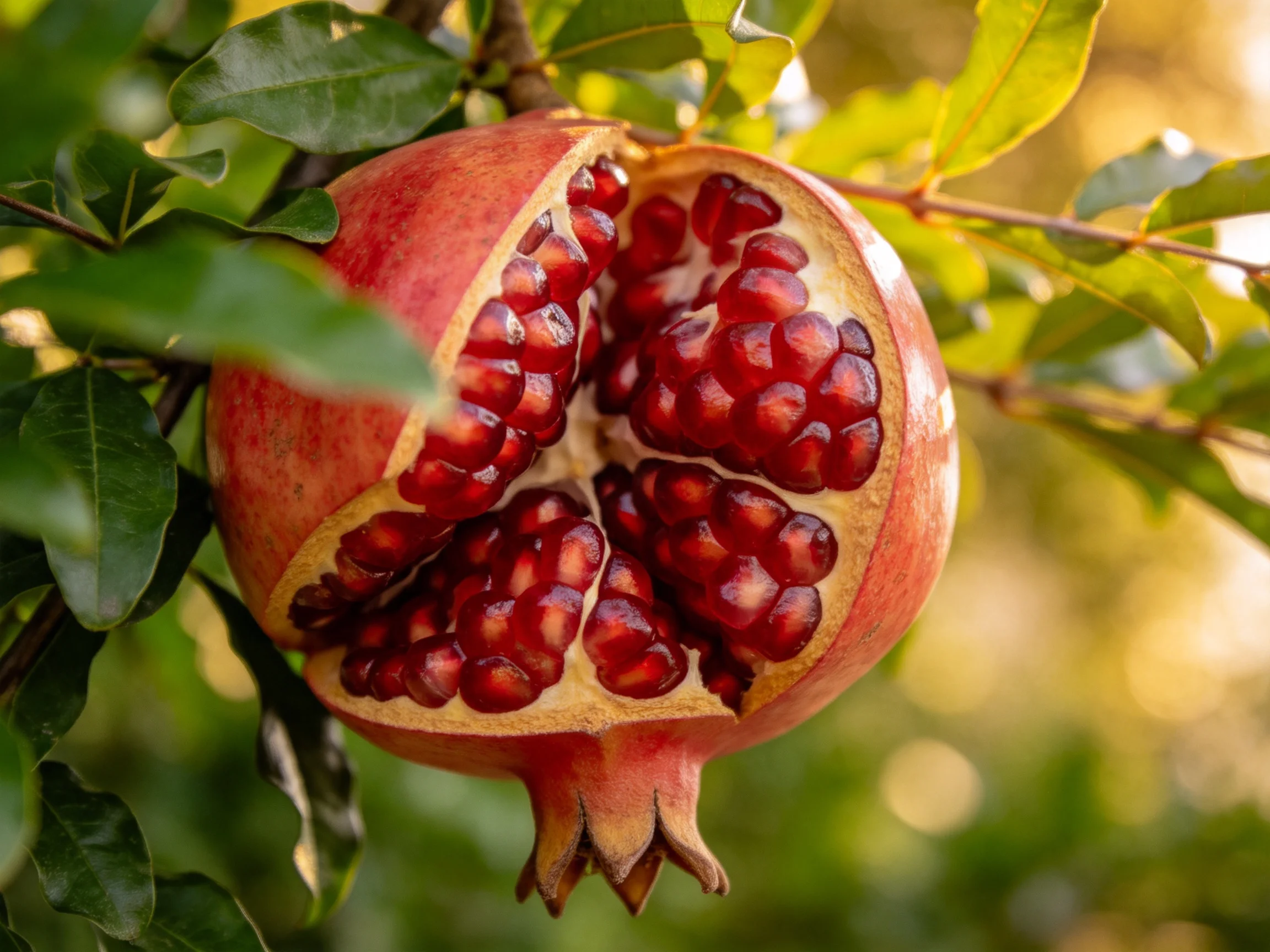 A Split Pomegranate Reveals Rich Red Seeds Among Lush Green Leaves