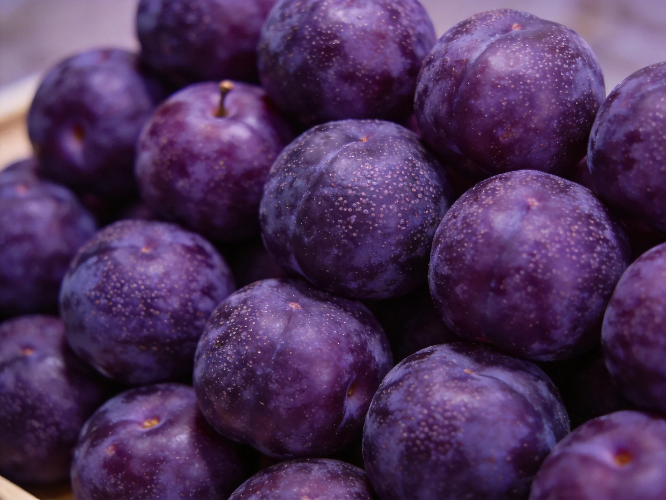 A abundant cluster of deep purple plums with speckled surfaces