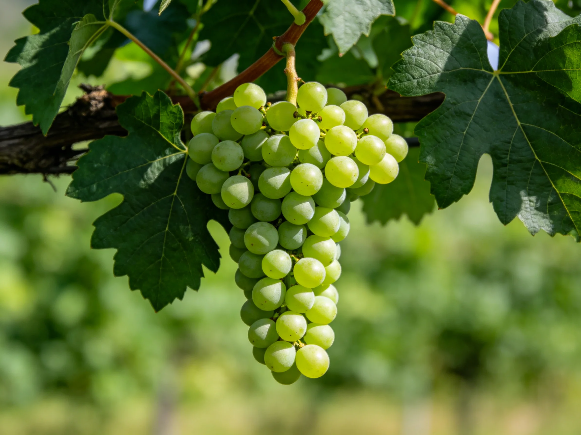 A abundant cluster of green grapes hanging from a vine