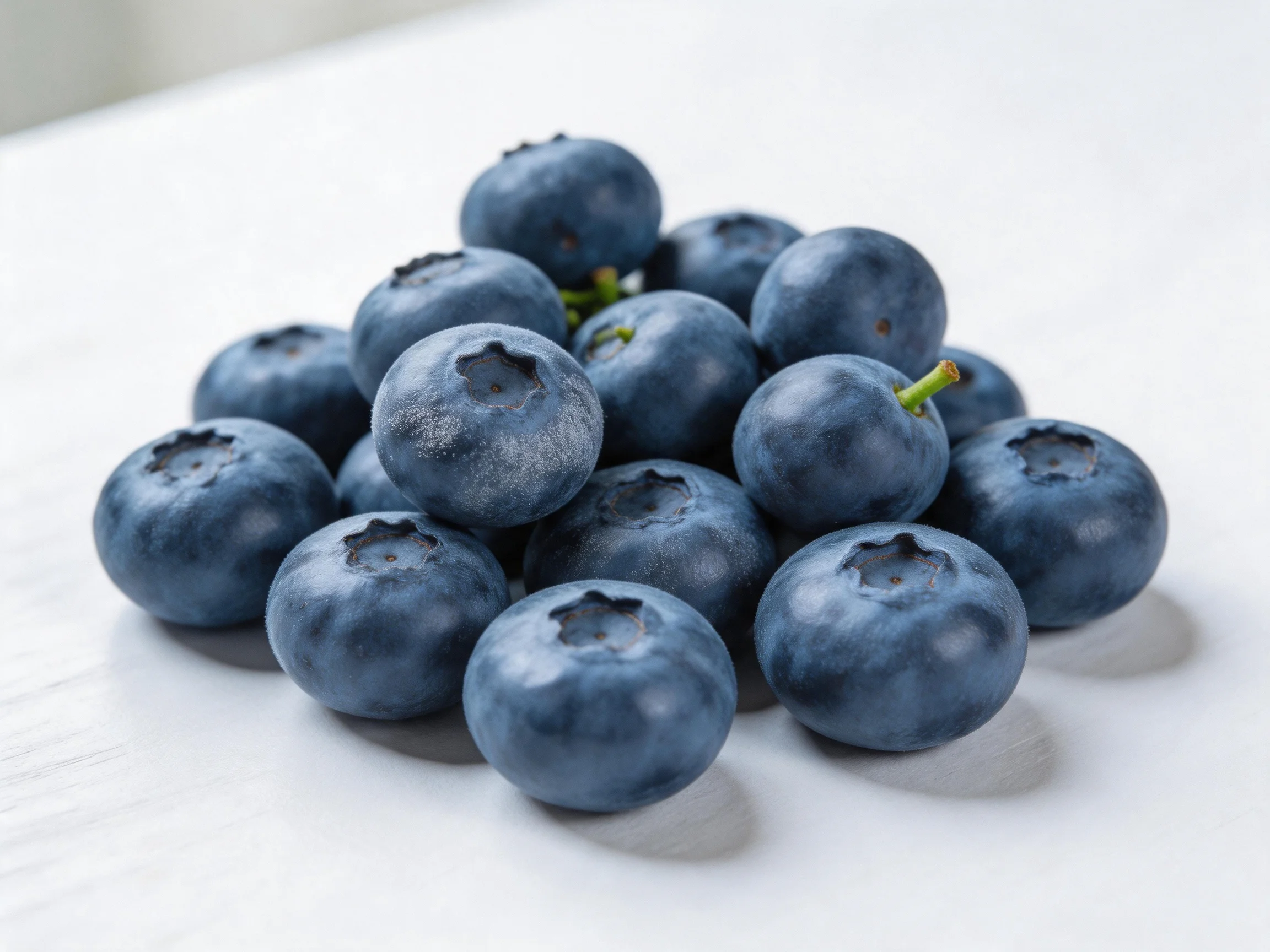 A abundant pile of fresh, plump blueberries on a pristine white surface