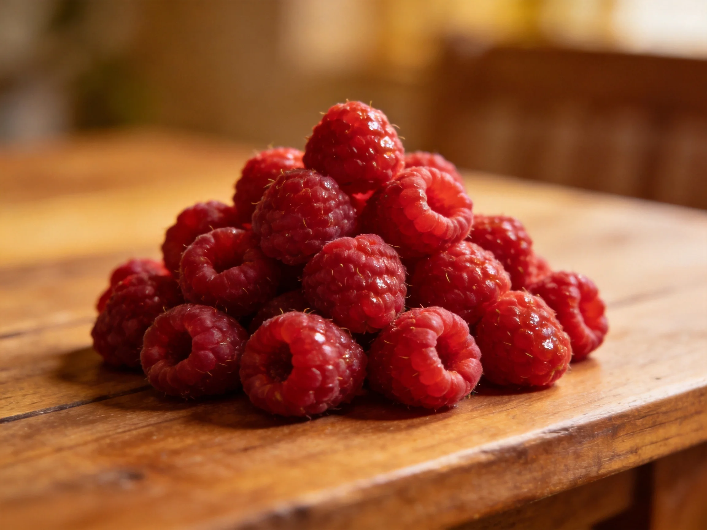 A abundant pile of fresh raspberries on a wooden surface