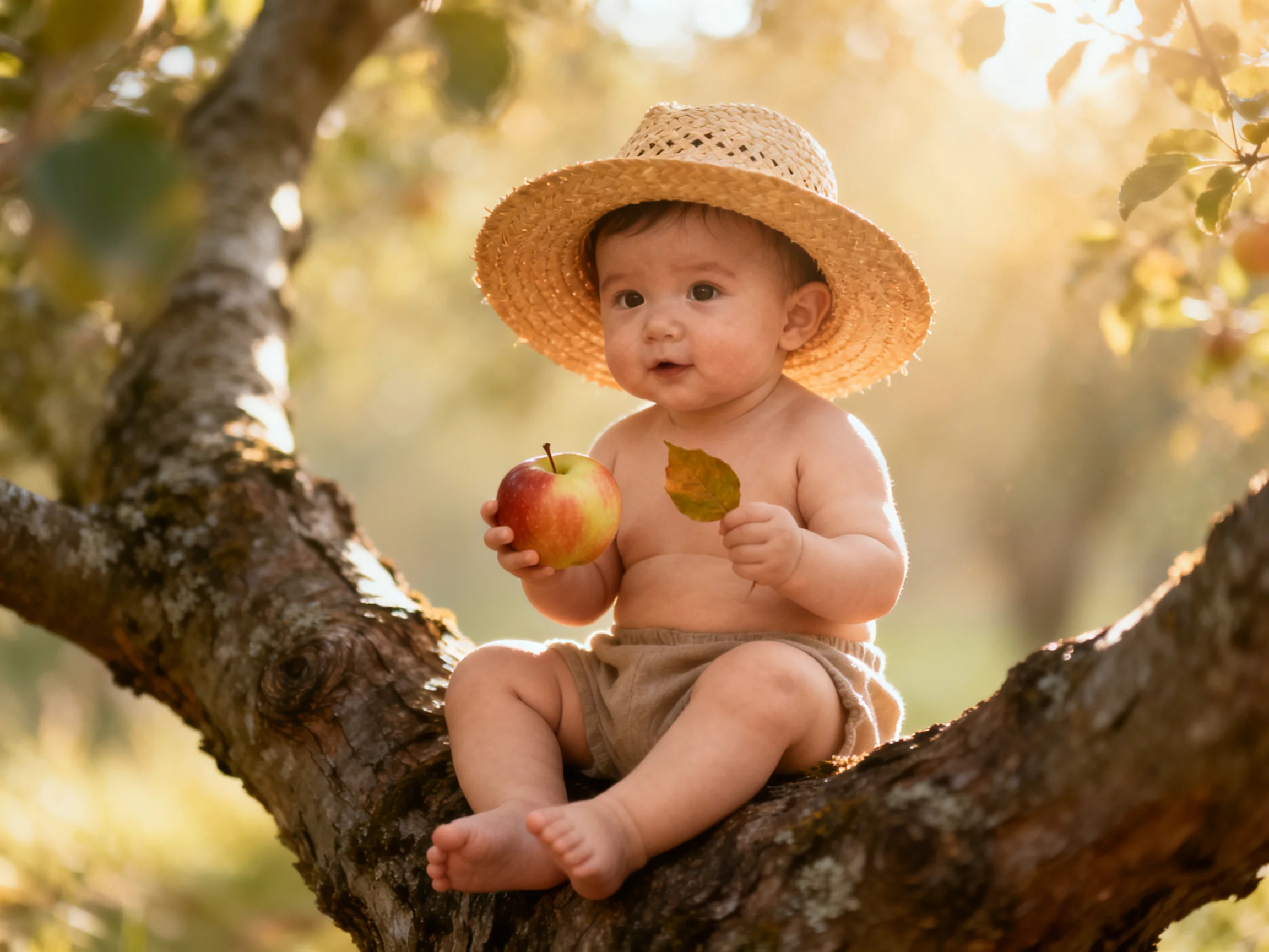 A baby in a straw hat sits on an apple tree branch with an apple and leaf