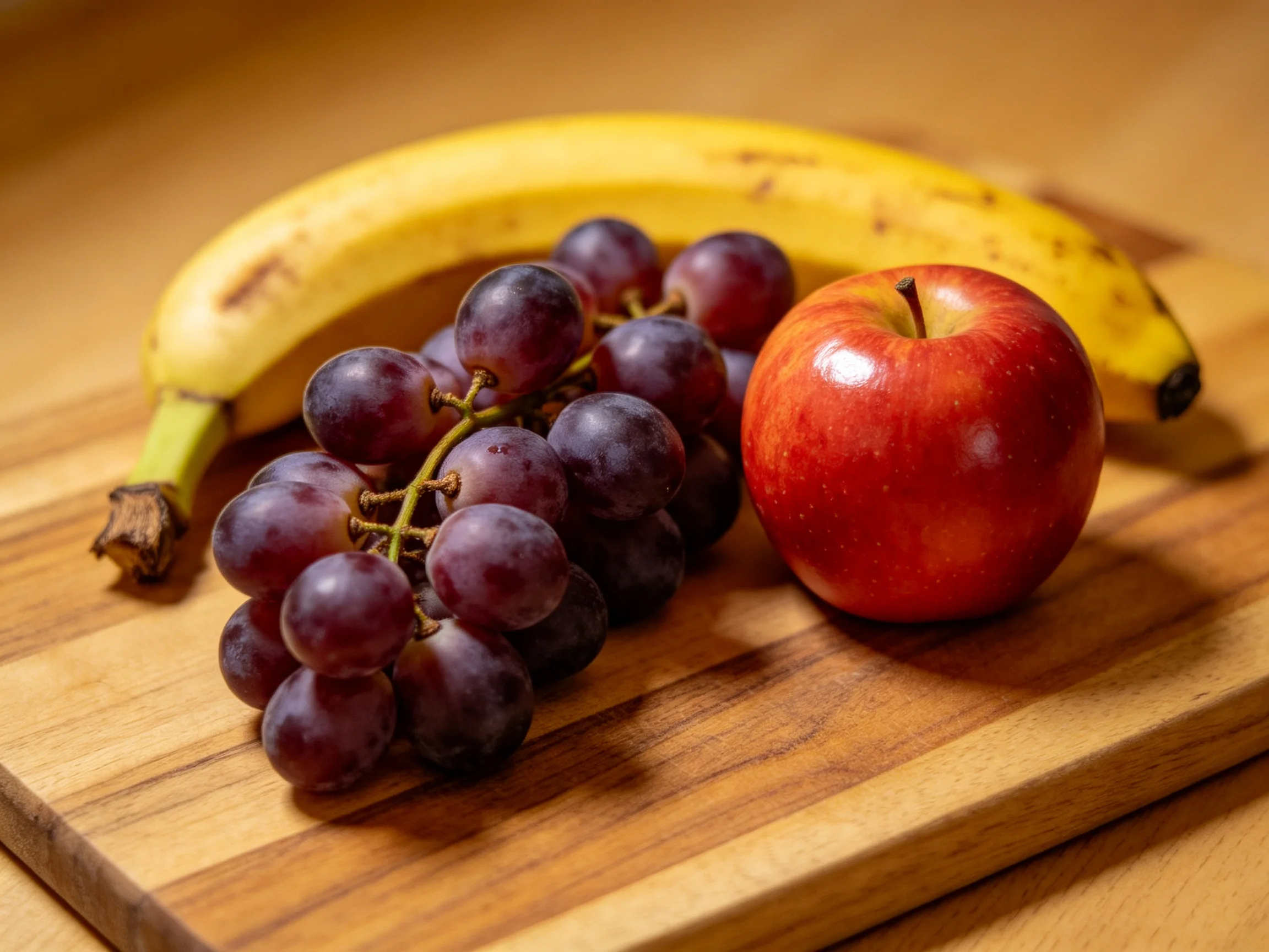 A banana, purple grapes, and red apple on a wooden cutting board