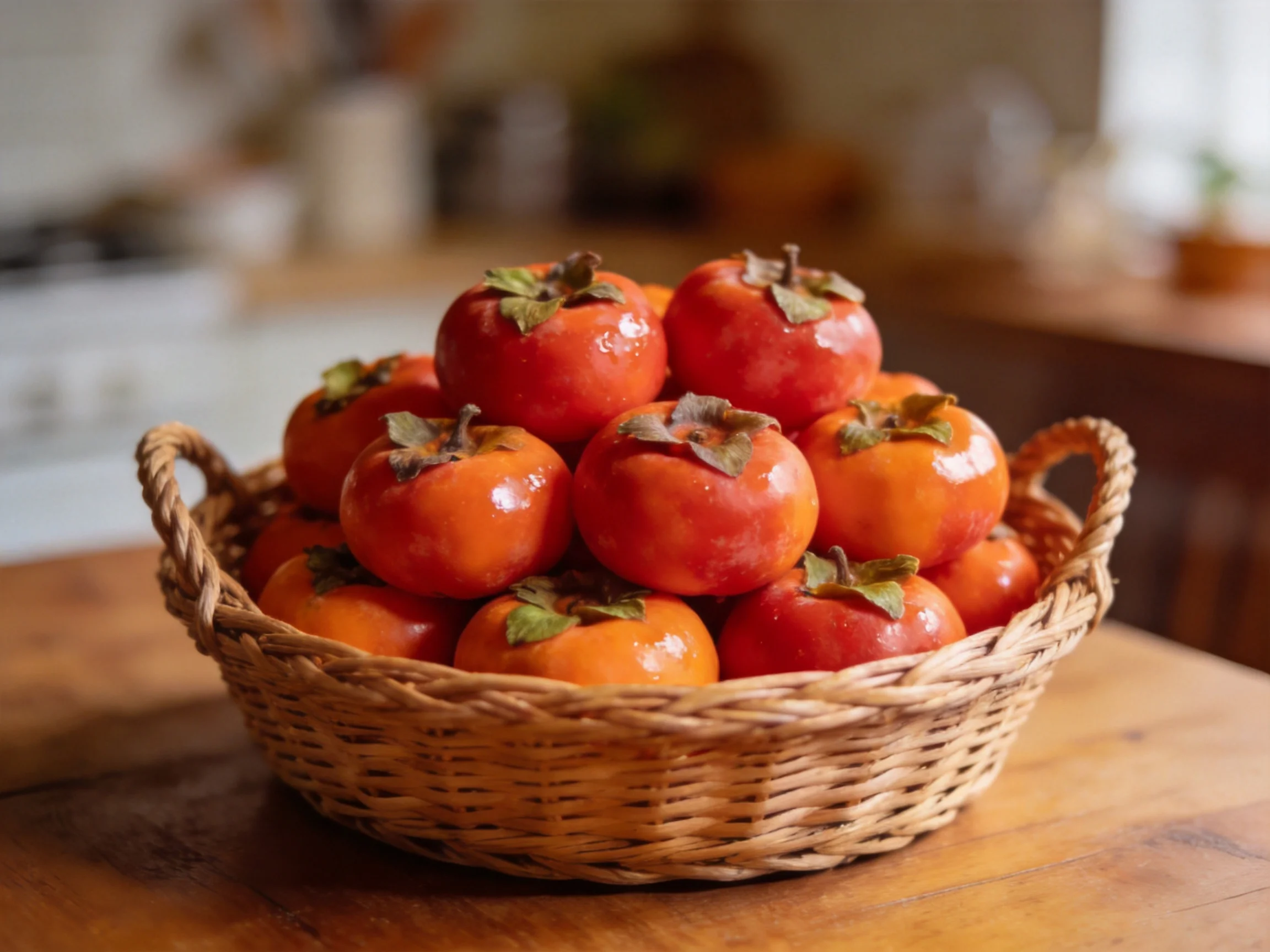 A basket brimming with glossy orange-red persimmons on a wooden table