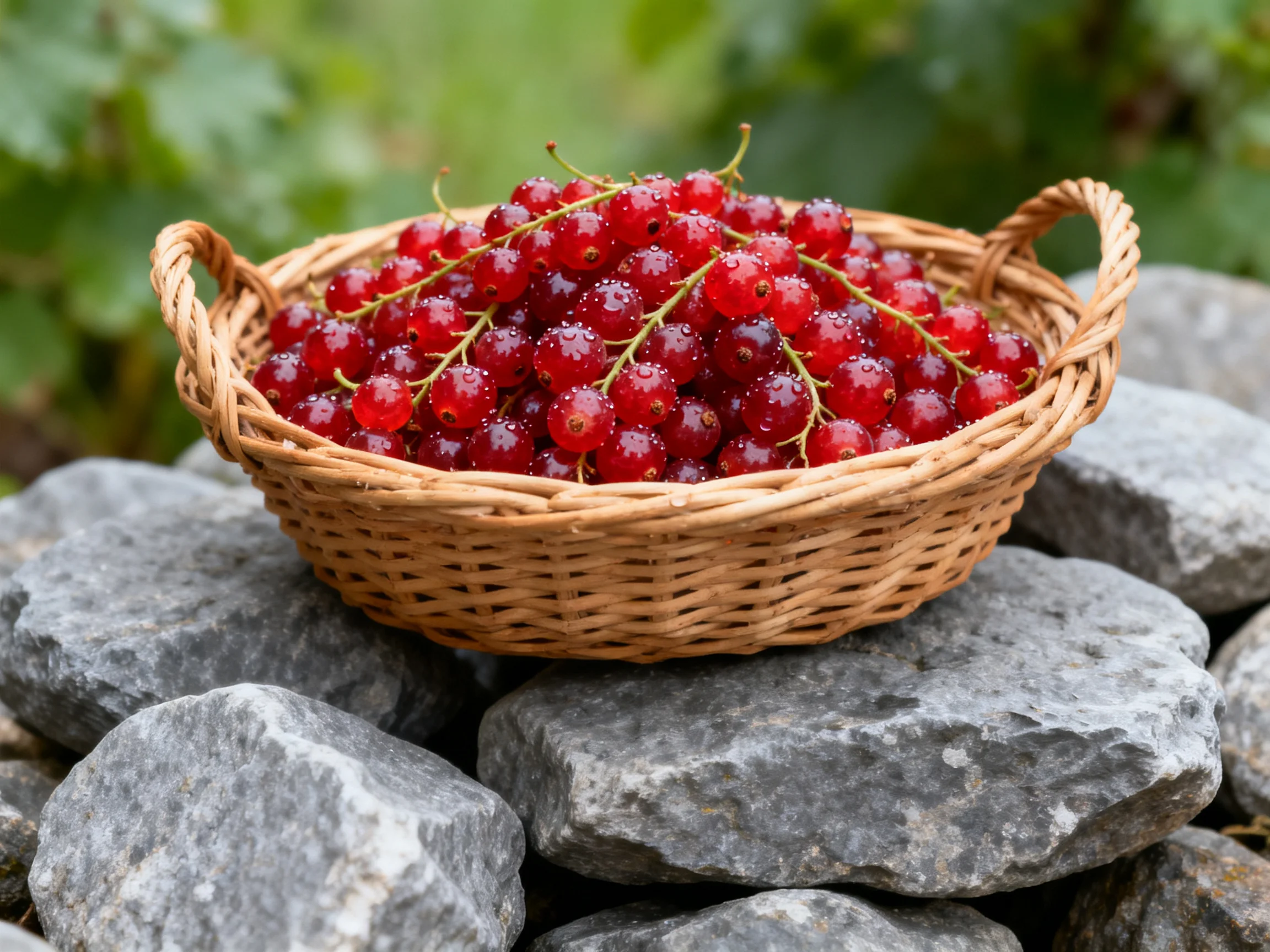 A basket brimming with glossy red berries sits on stacked gray stones