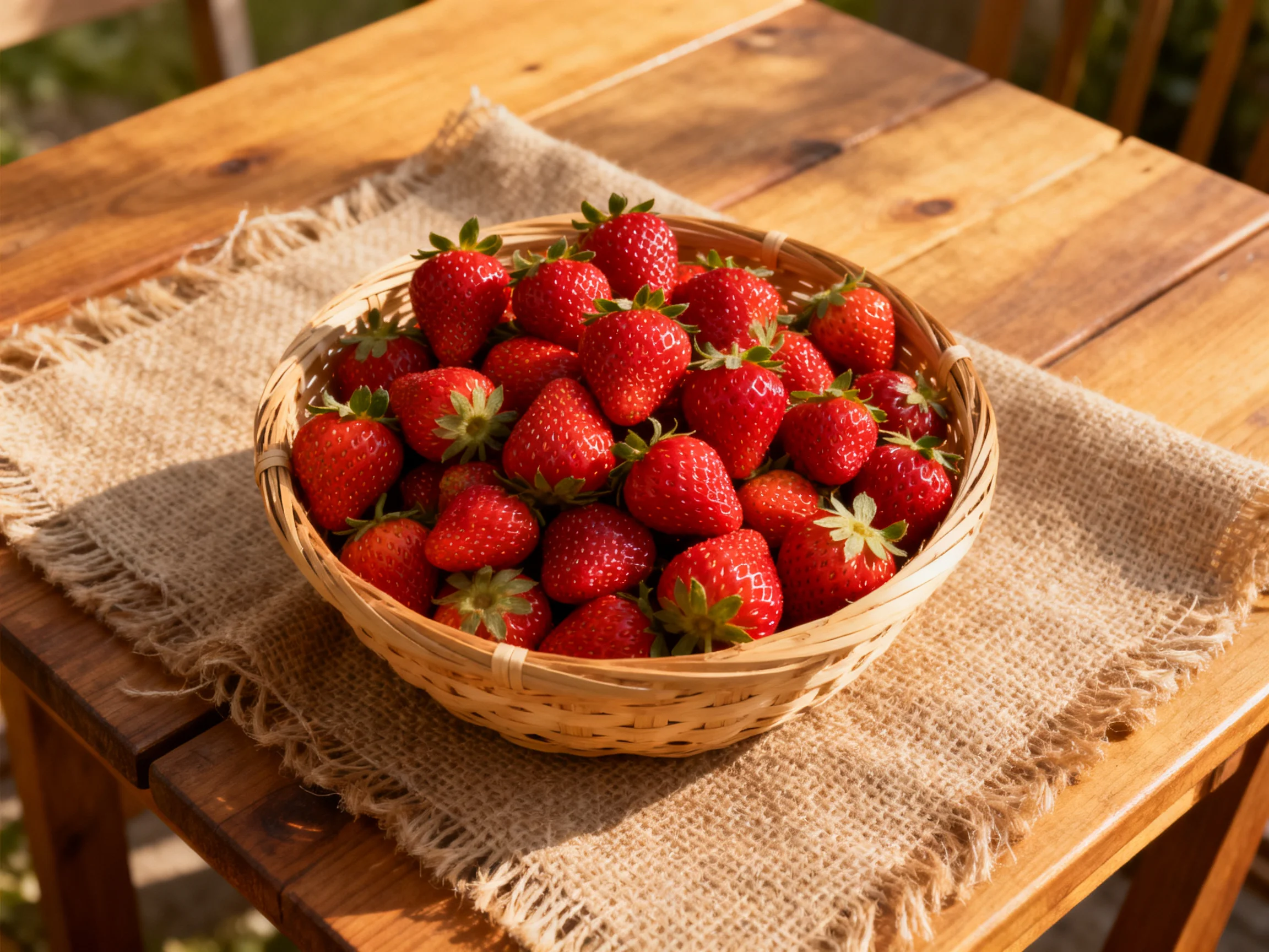 A basket brimming with ripe red strawberries sits on a wooden table