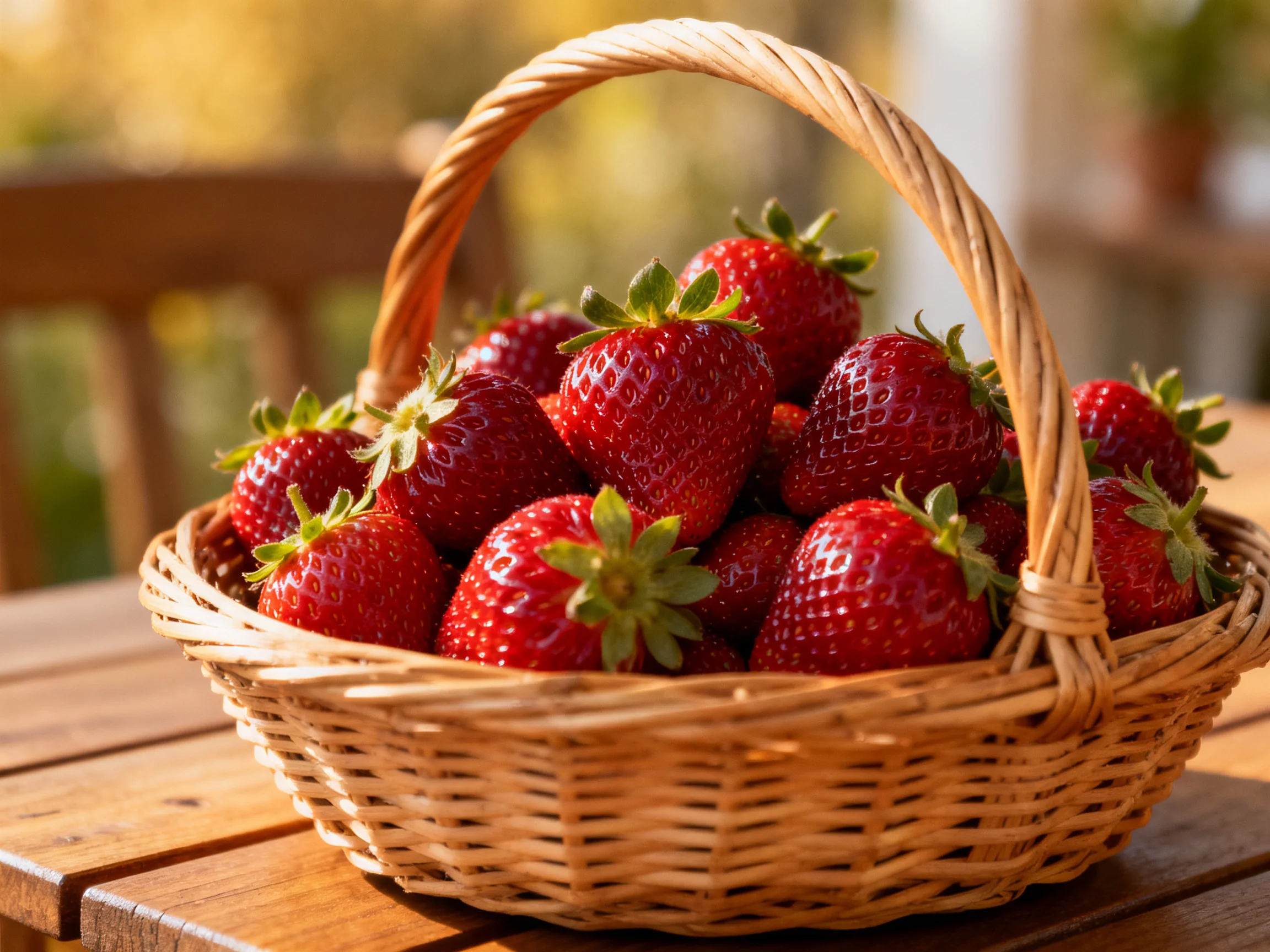 A basket brimming with vibrant red strawberries on a wooden table