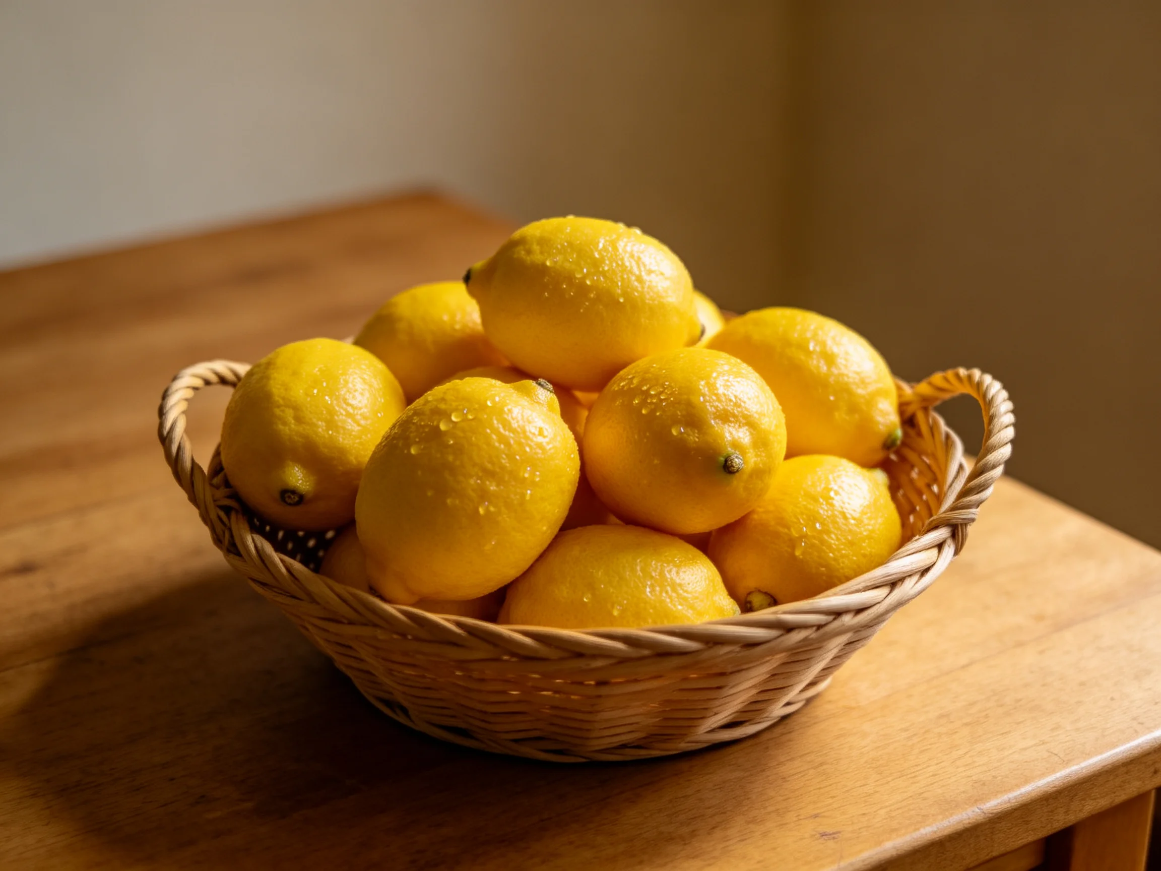 A basket filled with bright yellow lemons on a wooden table