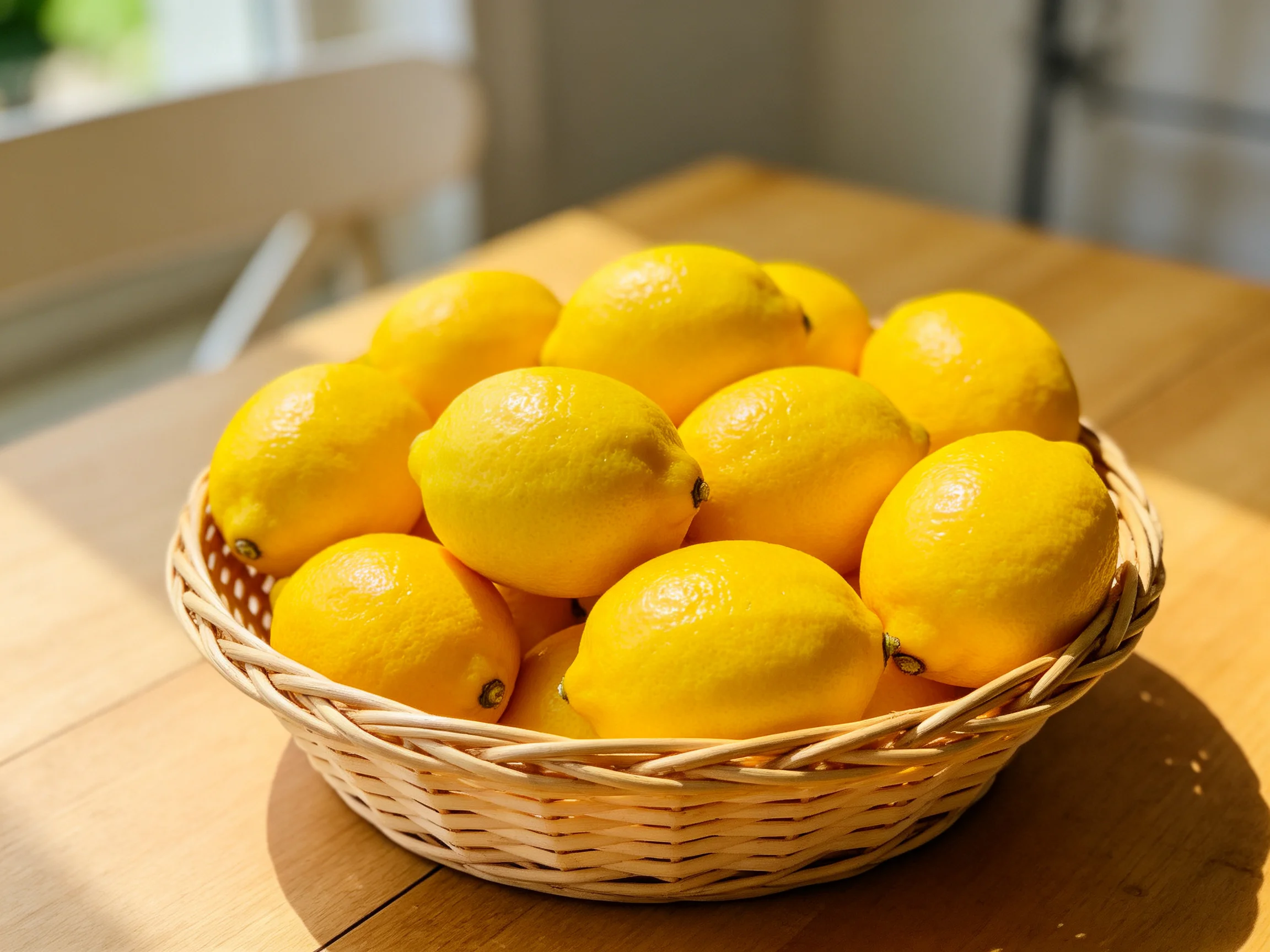 A basket filled with bright yellow lemons sits on a wooden table