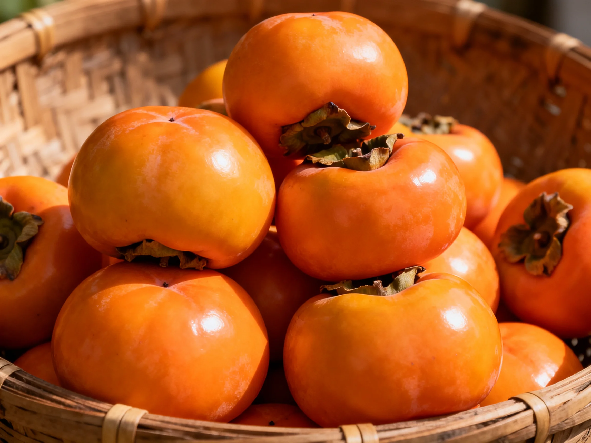 A basket filled with glossy orange persimmons stacked neatly