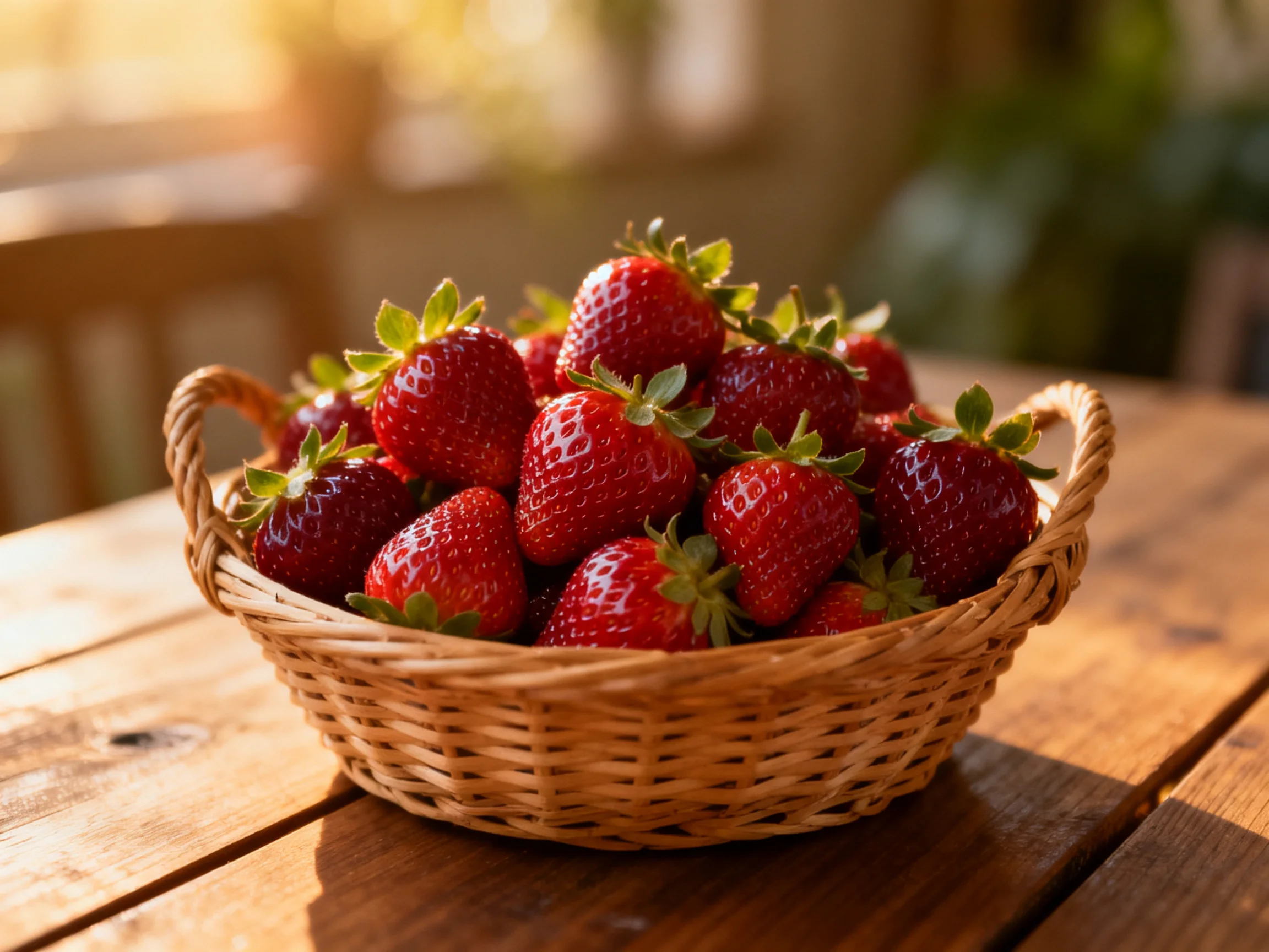 A basket filled with plump red strawberries sits atop a wooden table
