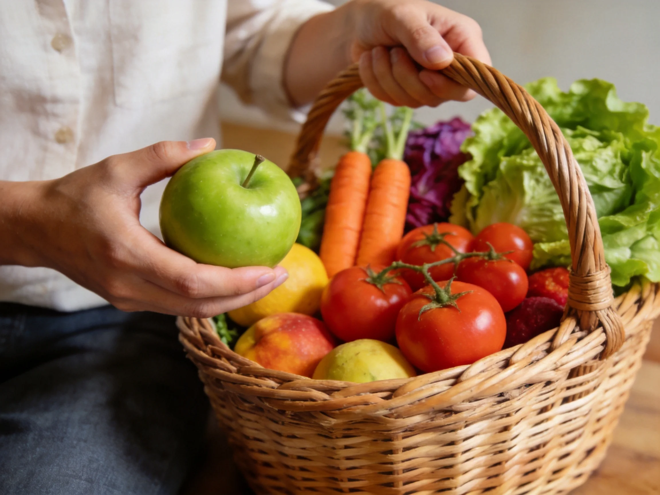 A basket filled with vibrant fruits and vegetables like green apples,