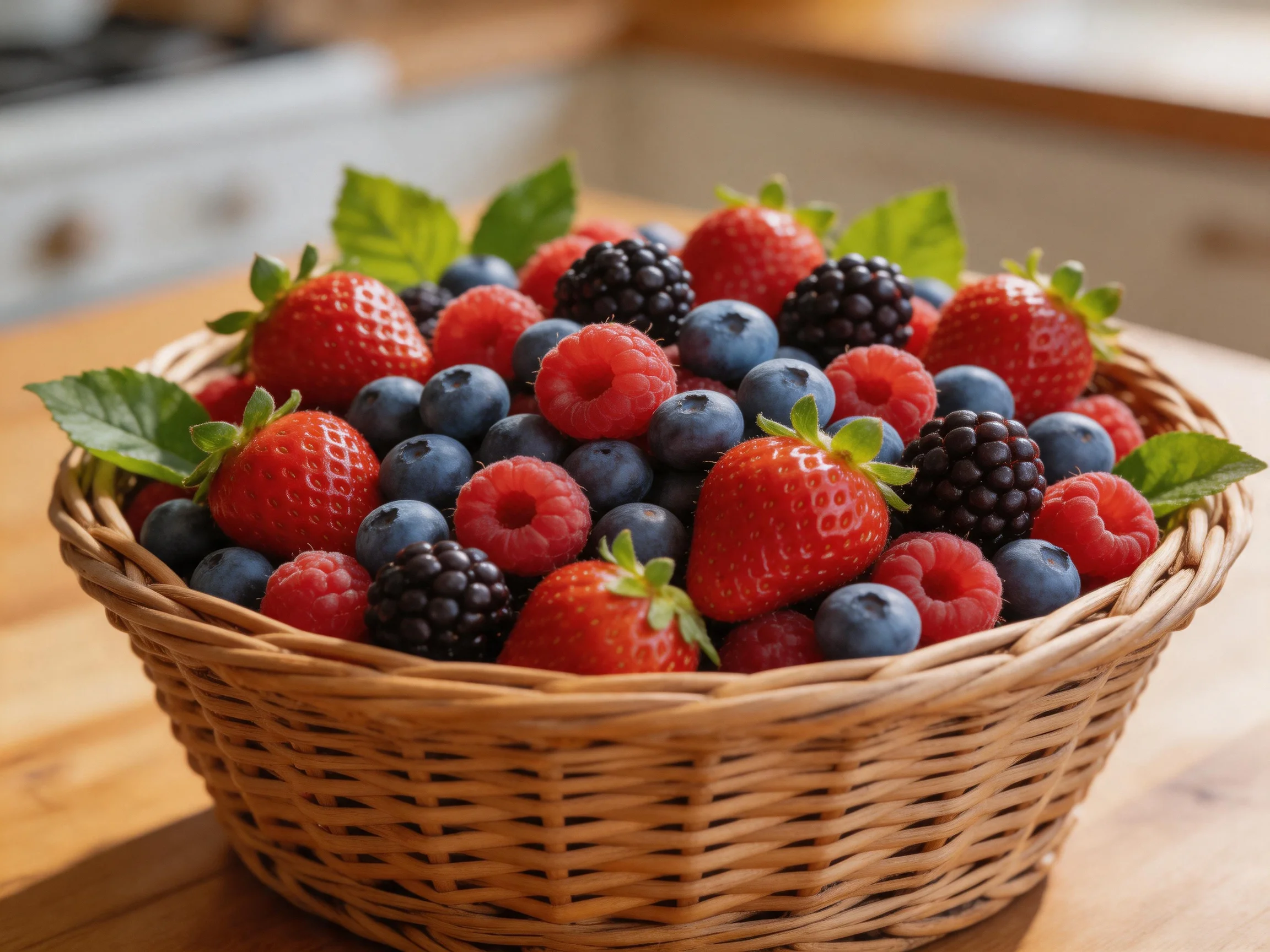 A basket filled with vibrant mixed berries and fresh mint leaves