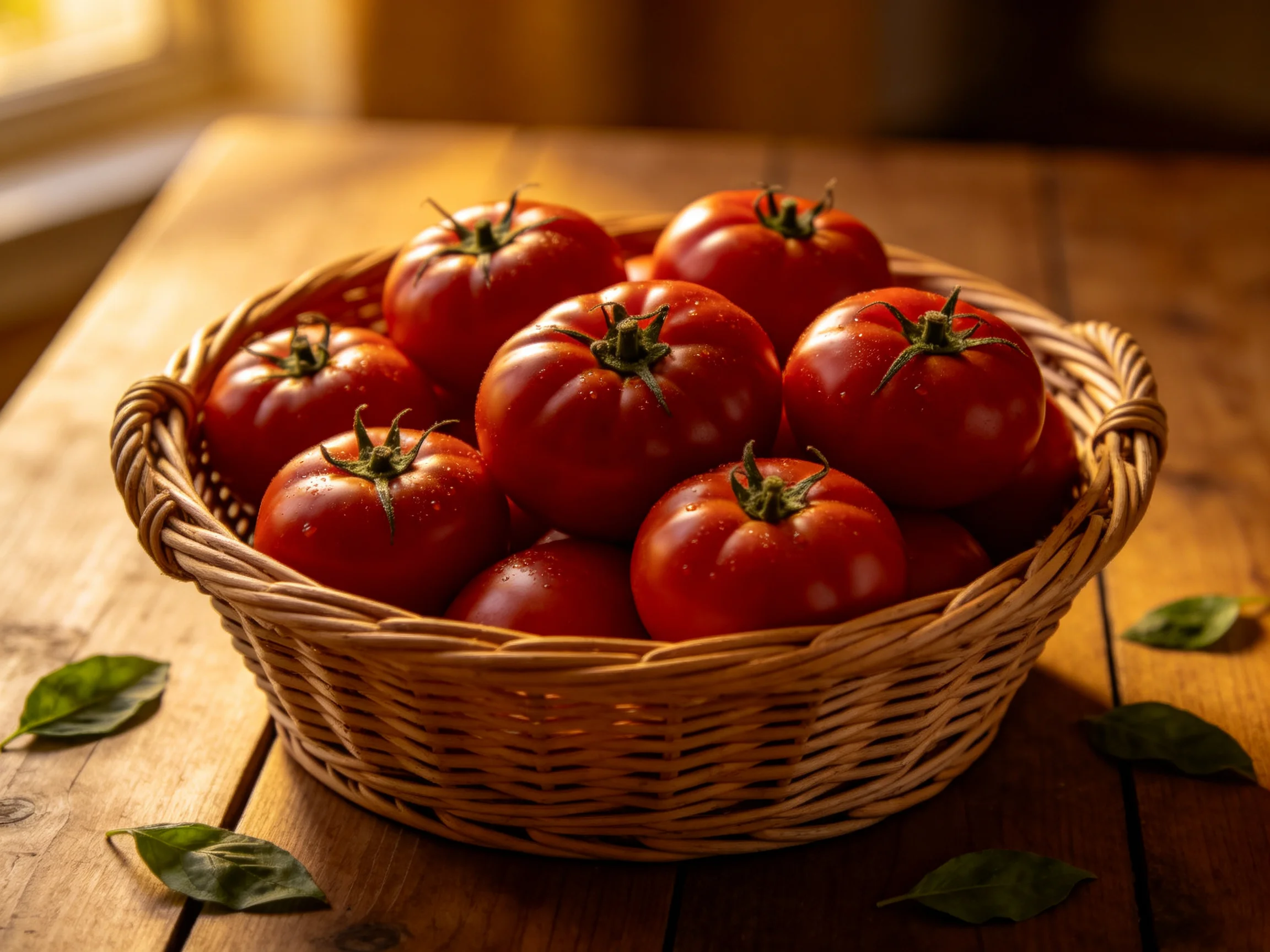 A basket filled with vibrant red tomatoes on a wooden table