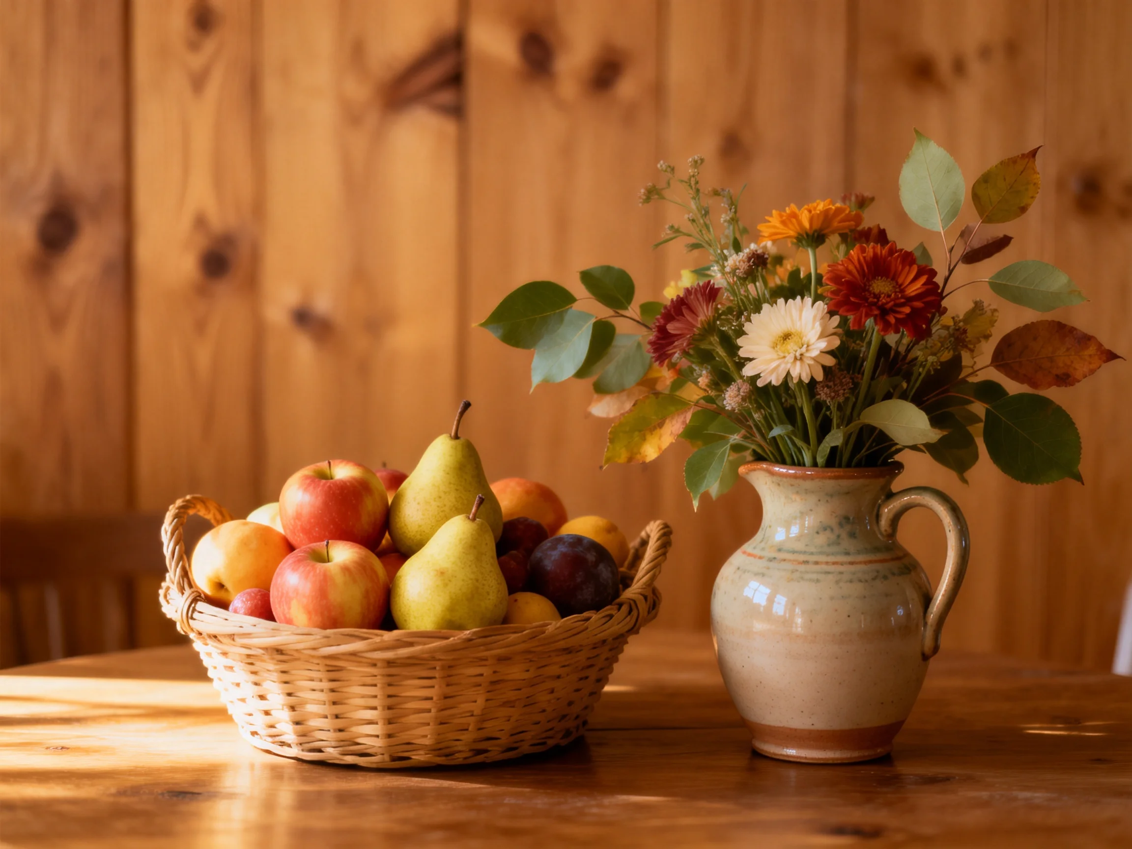 A basket holds assorted fruits near a vase with mixed flowers