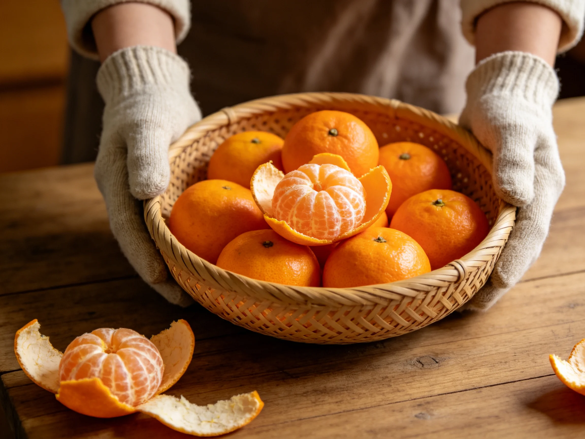A basket holds several bright oranges, some peeled, held by gloved hands