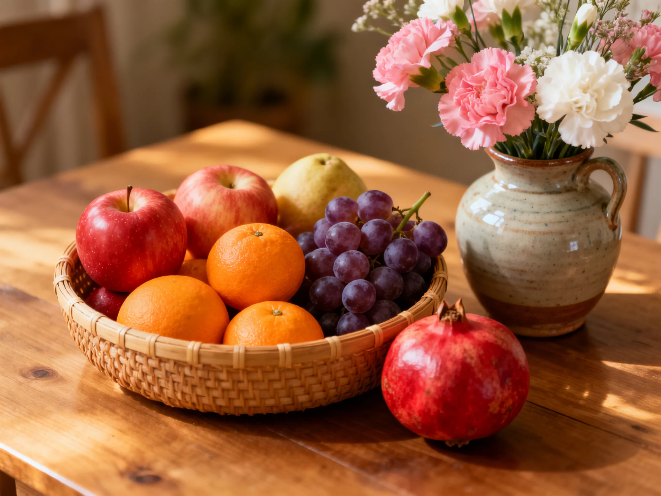 A basket of assorted colorful fruits beside a vase with pink and white flowers on a wooden table