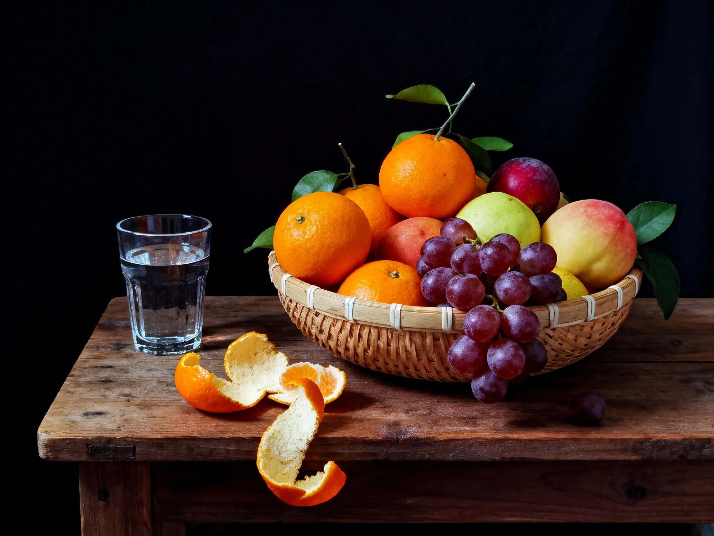 A basket of assorted fruits, orange peels, and a glass on a wooden table