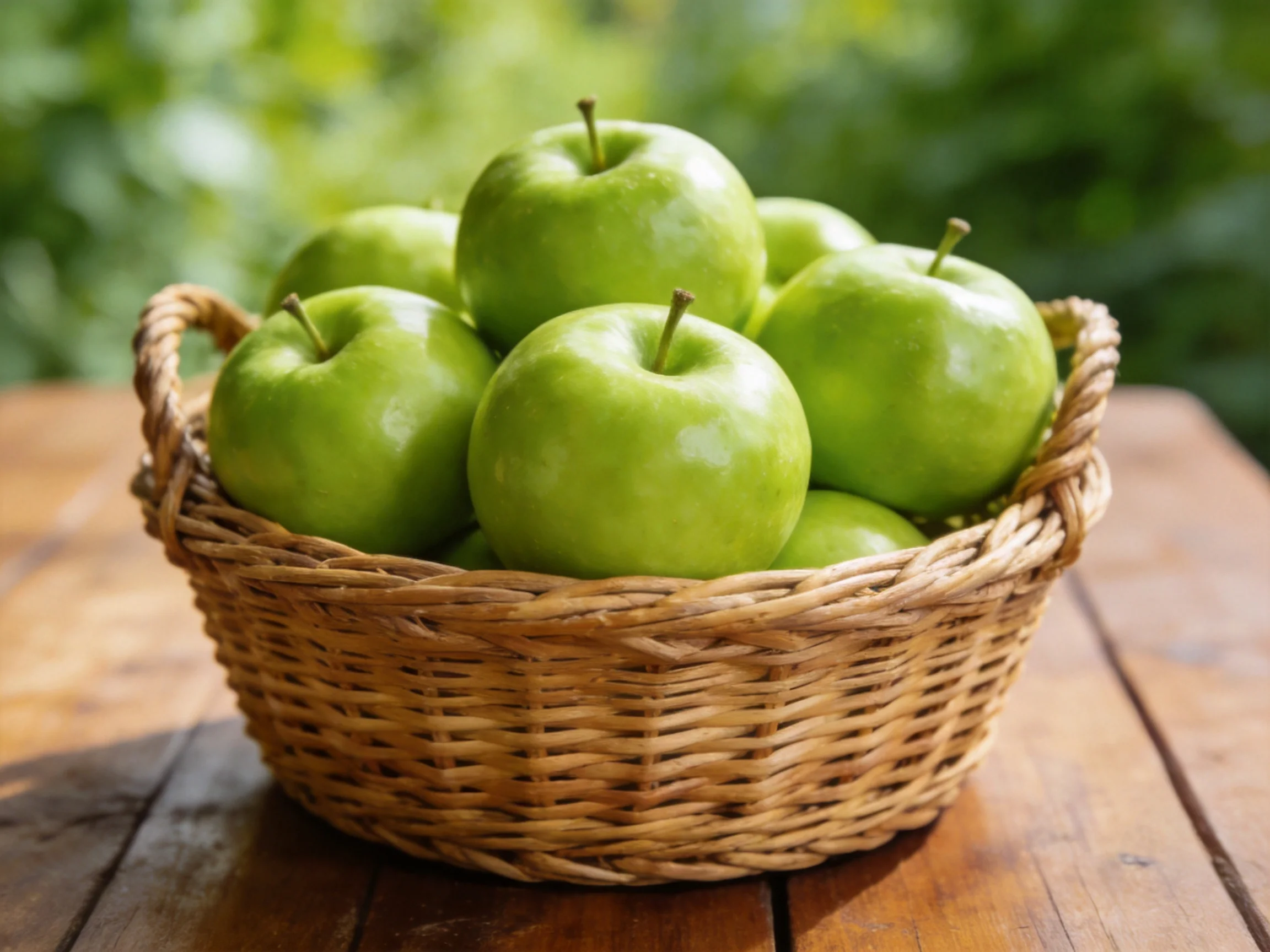 A basket of fresh green apples sits on a wooden table outdoors