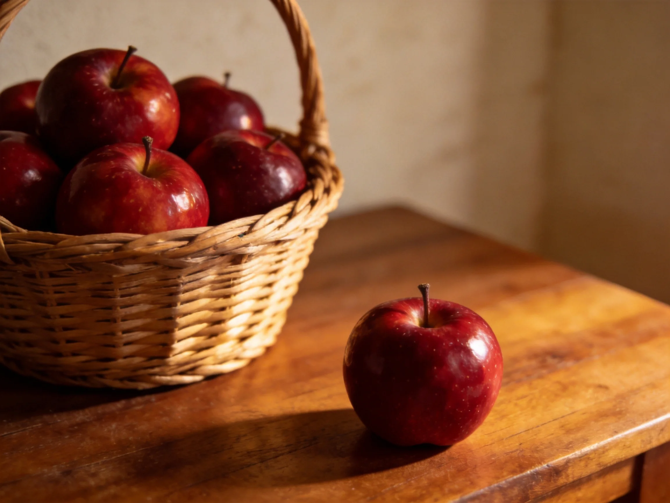 A basket of glossy red apples beside a single apple on a wooden table