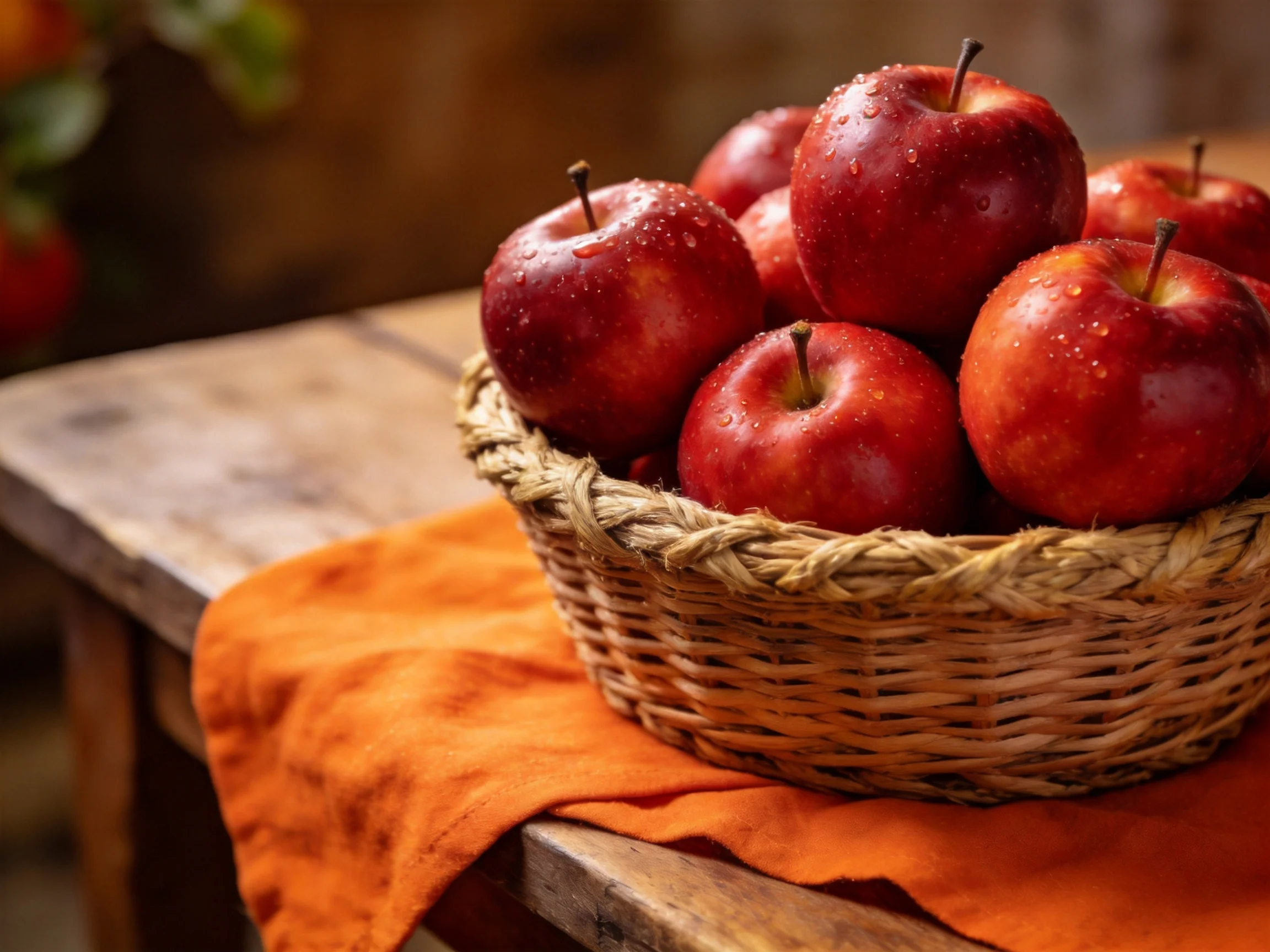 A basket of glossy red apples rests on an orange cloth atop a wooden table