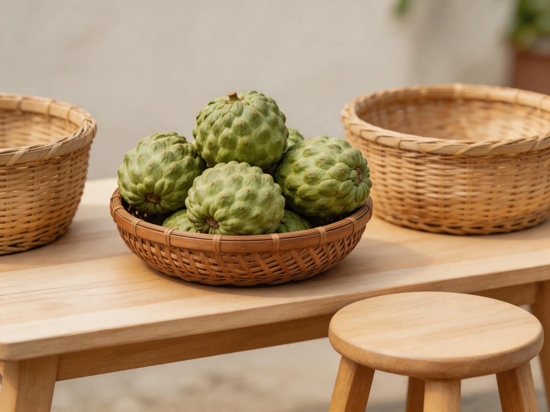 A basket of green tropical fruits sits between two empty baskets on a wooden table
