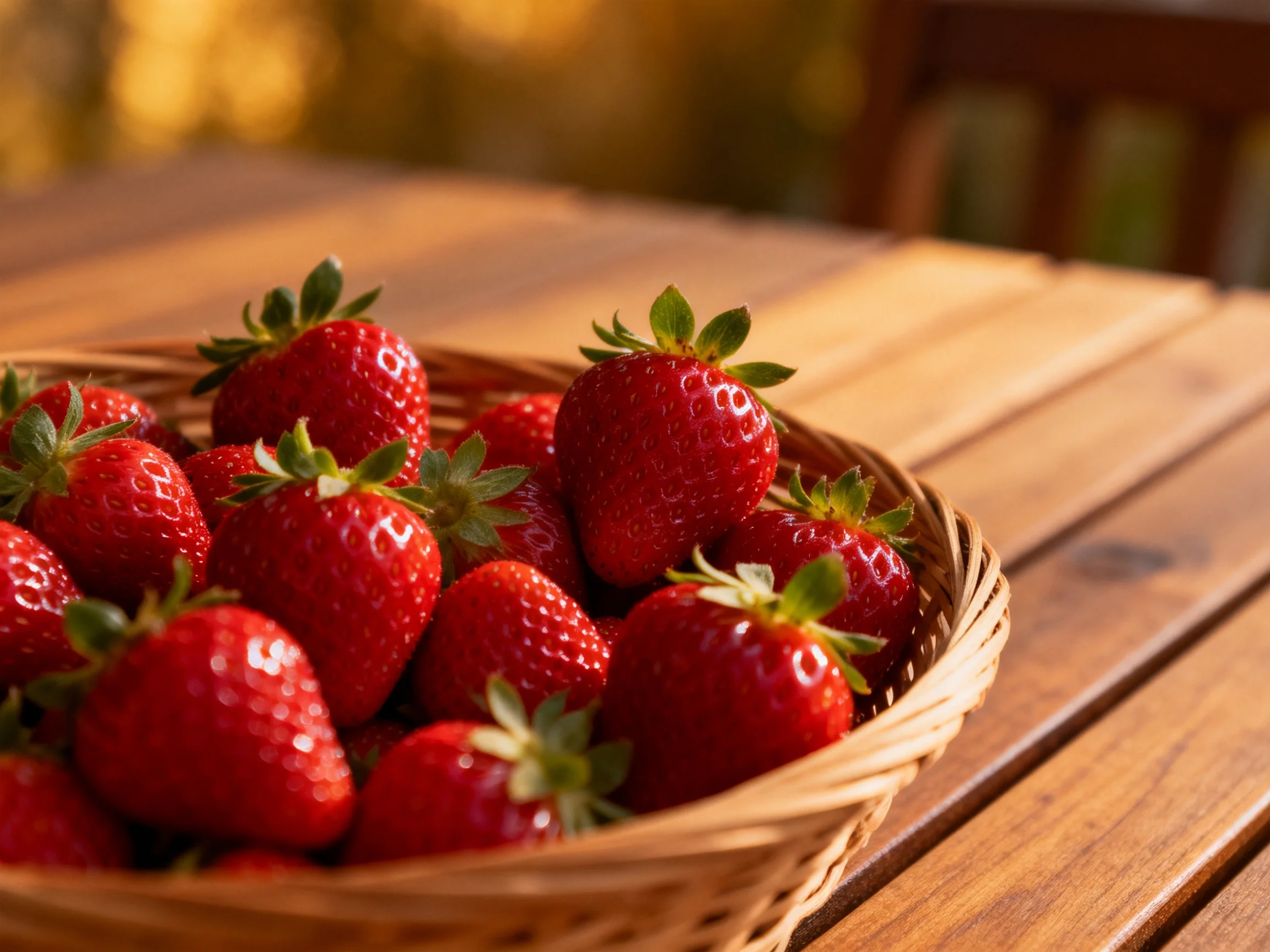 A basket of plump red strawberries on a wooden table